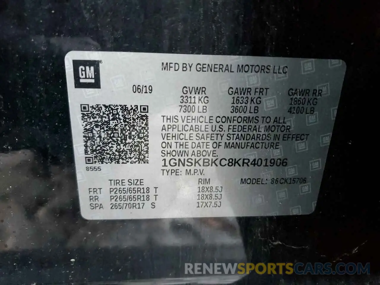 14 fotografías del automóvil dañado 1GNSKBKC8KR401906 CHEVROLET TAHOE 2019