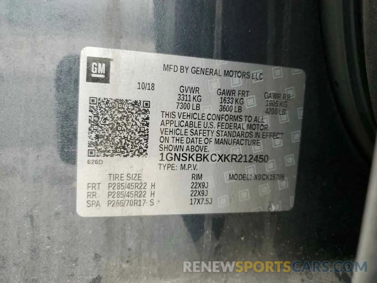 13 fotografías del automóvil dañado 1GNSKBKCXKR212450 CHEVROLET TAHOE 2019