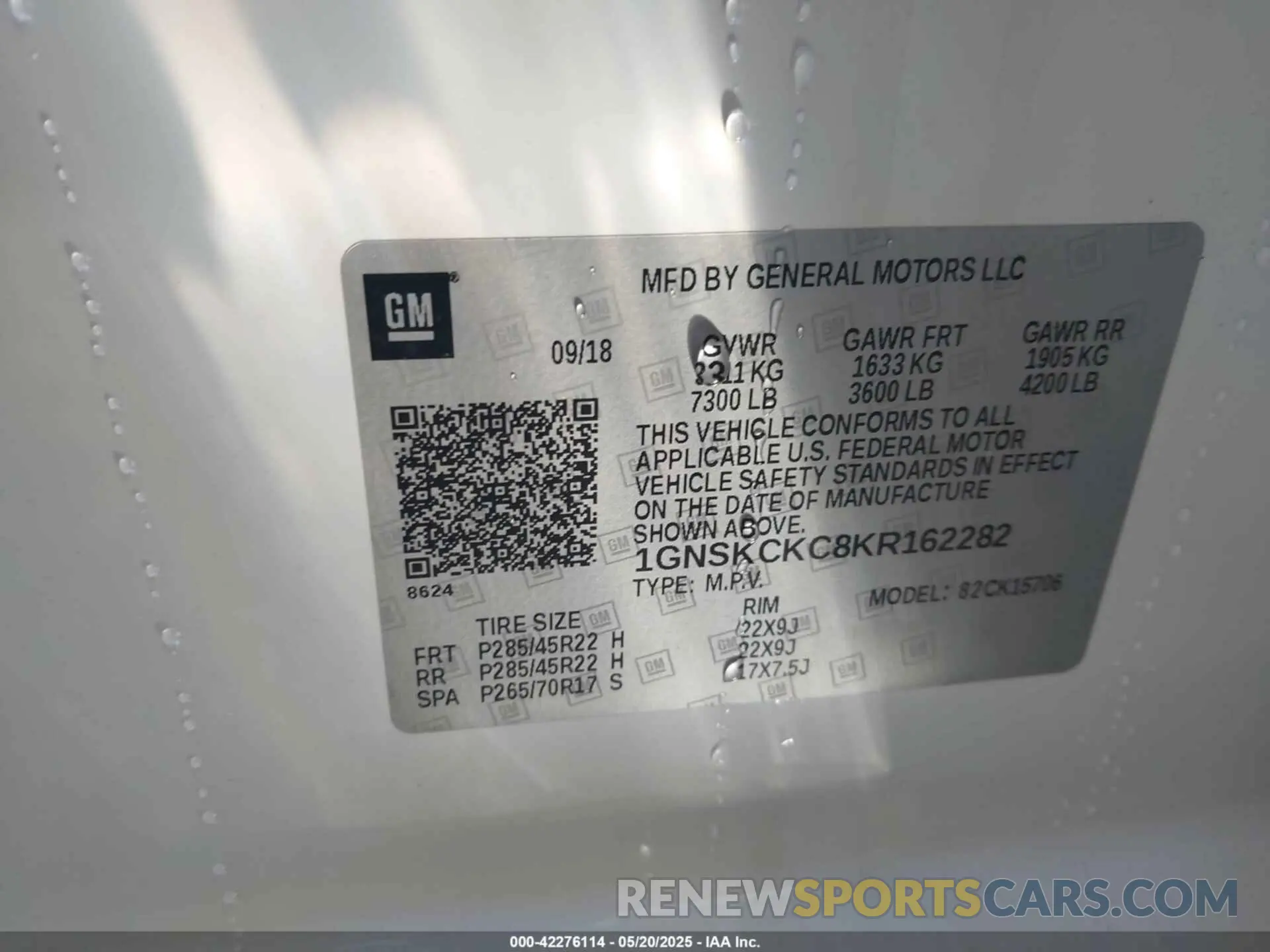 9 fotografías del automóvil dañado 1GNSKCKC8KR162282 CHEVROLET TAHOE 2019