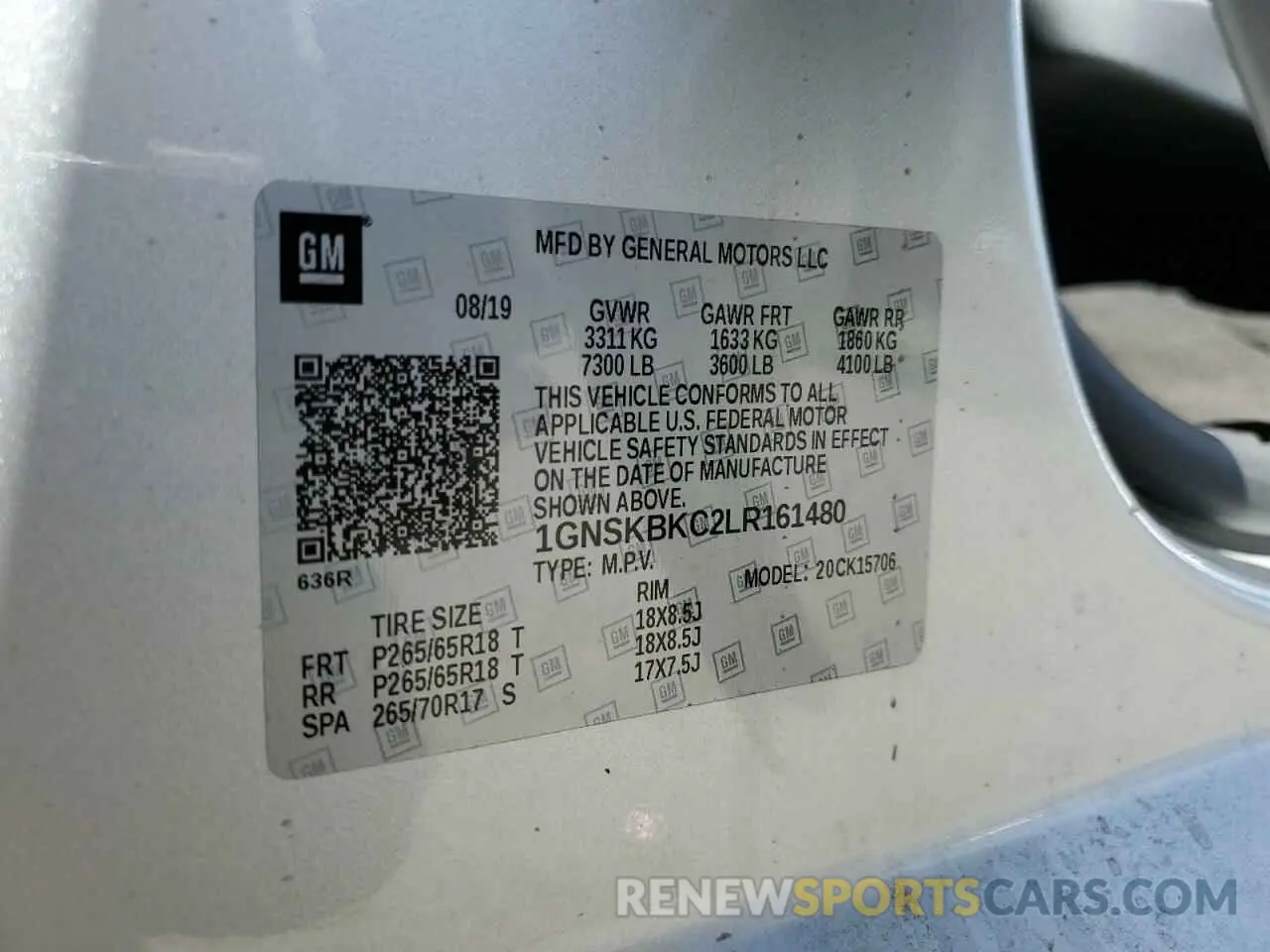 14 fotografías del automóvil dañado 1GNSKBKC2LR161480 CHEVROLET TAHOE 2020