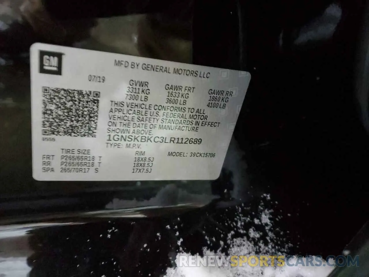 15 fotografías del automóvil dañado 1GNSKBKC3LR112689 CHEVROLET TAHOE 2020