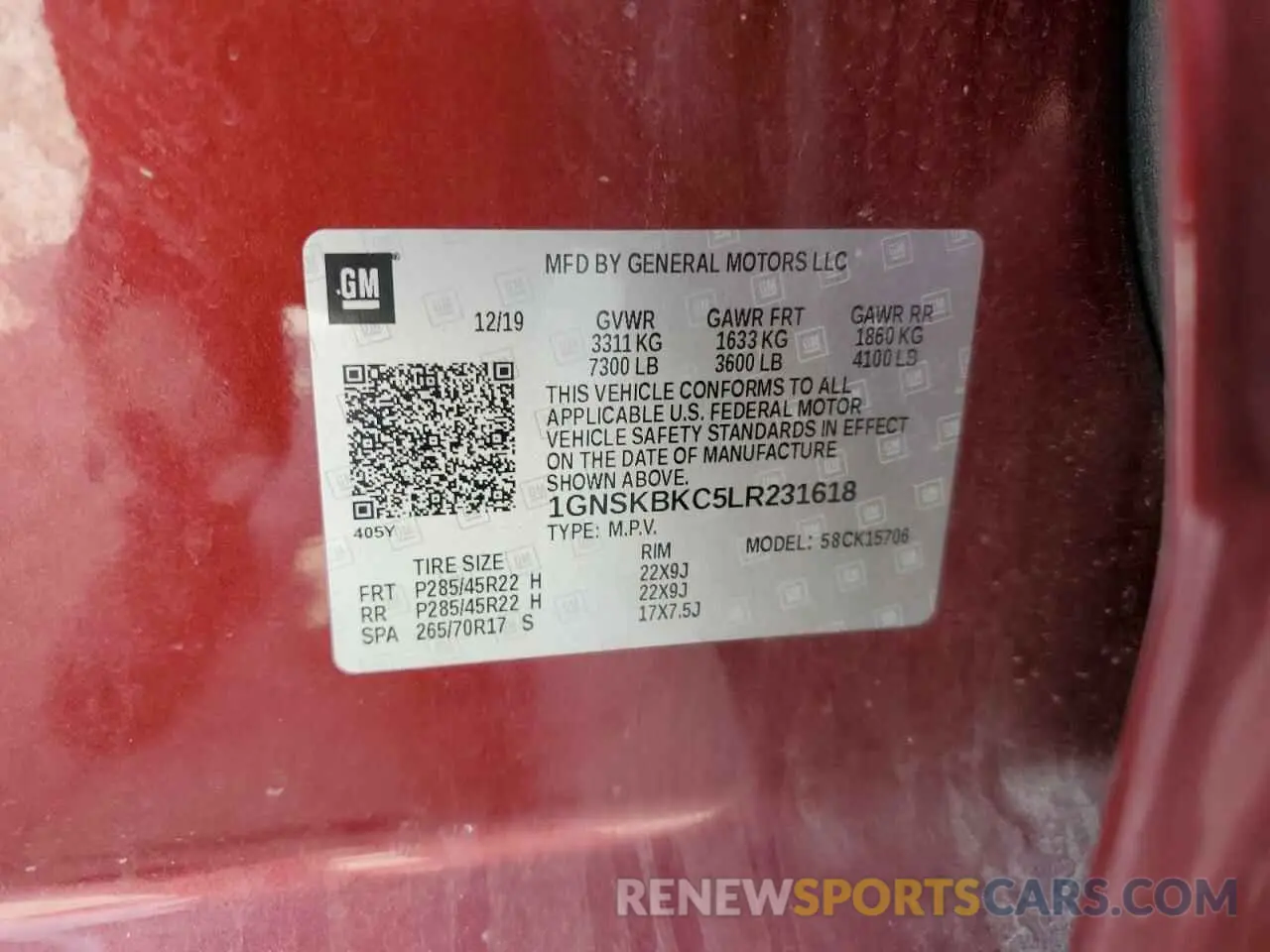 15 fotografías del automóvil dañado 1GNSKBKC5LR231618 CHEVROLET TAHOE 2020