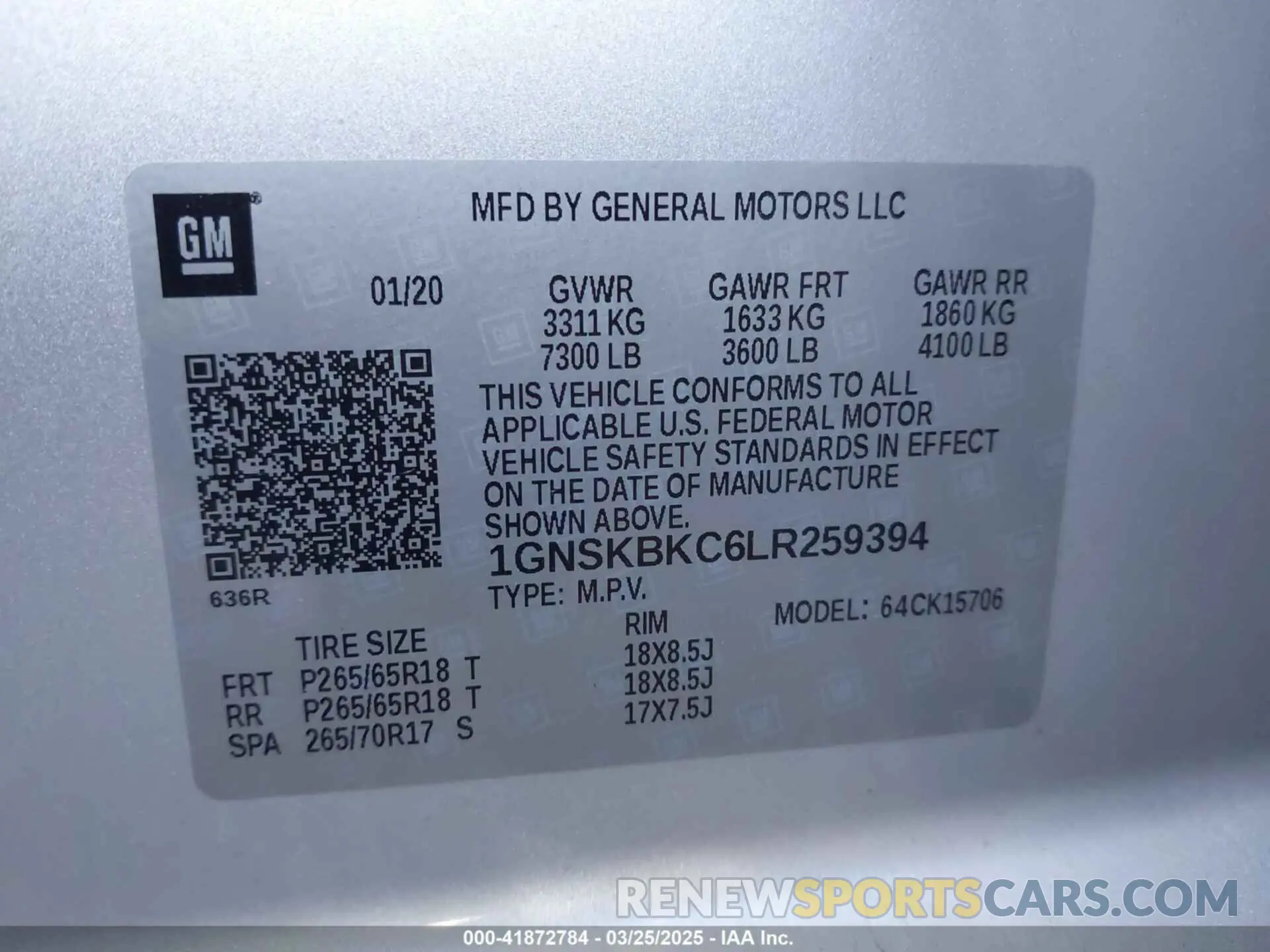 9 fotografías del automóvil dañado 1GNSKBKC6LR259394 CHEVROLET TAHOE 2020