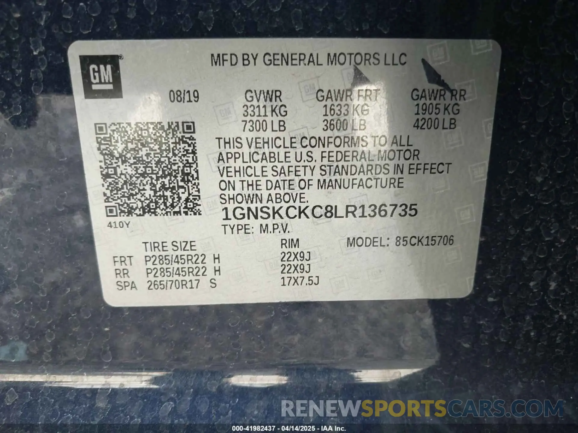 9 fotografías del automóvil dañado 1GNSKCKC8LR136735 CHEVROLET TAHOE 2020