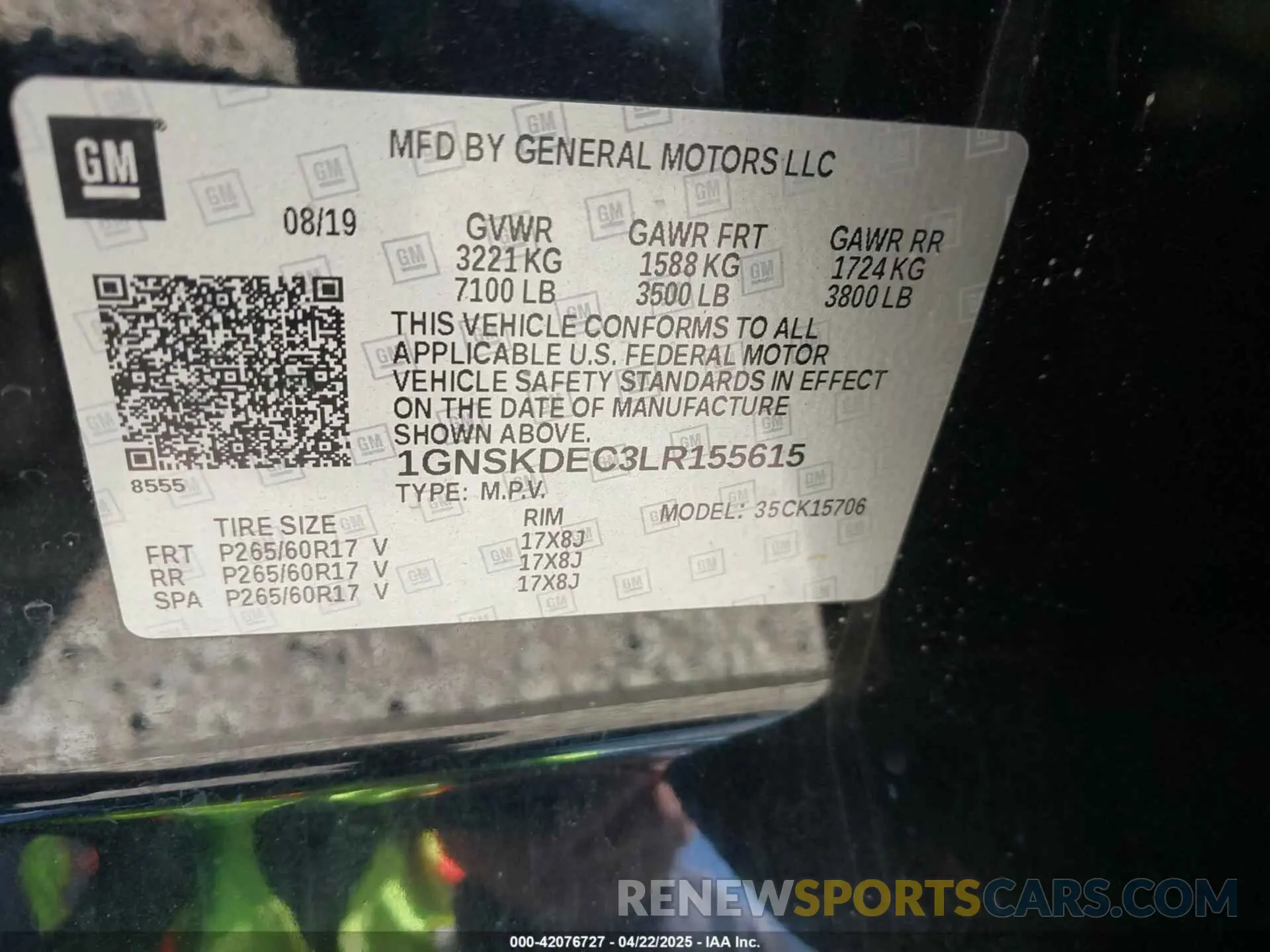 9 fotografías del automóvil dañado 1GNSKDEC3LR155615 CHEVROLET TAHOE 2020