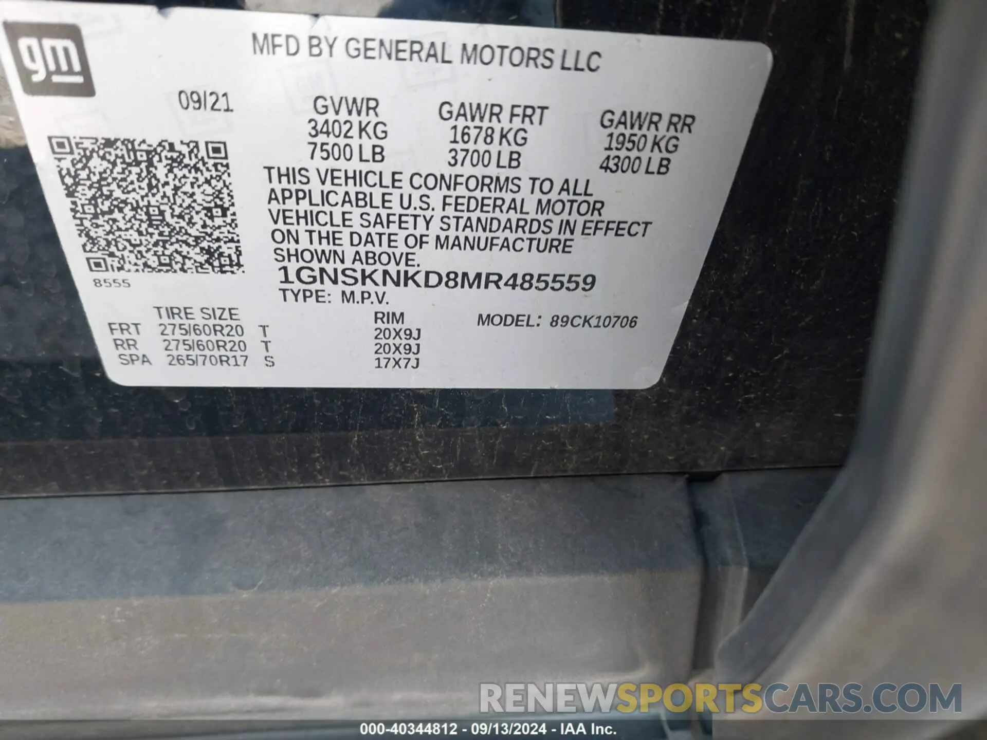9 fotografías del automóvil dañado 1GNSKNKD8MR485559 CHEVROLET TAHOE 2021