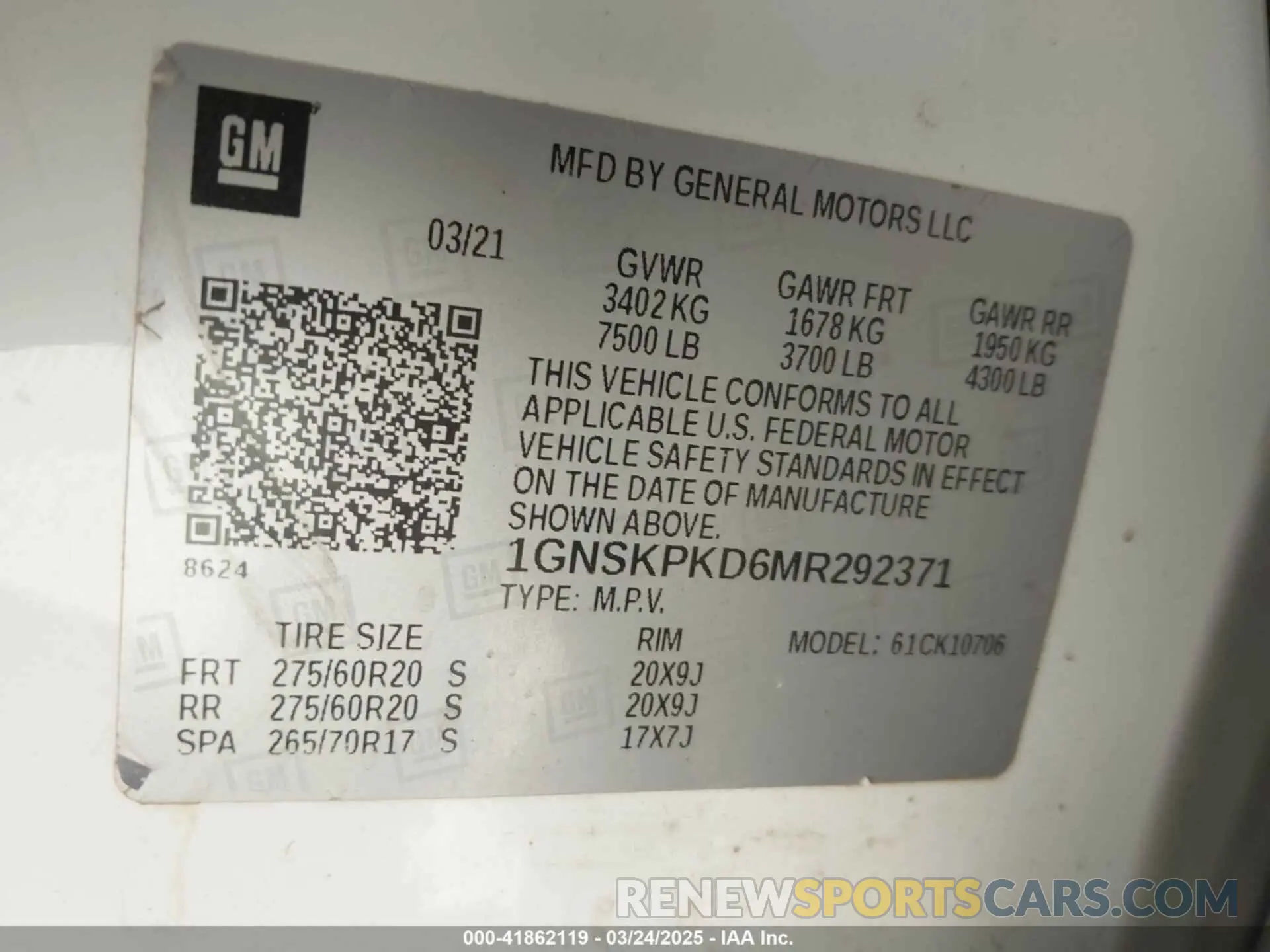 9 fotografías del automóvil dañado 1GNSKPKD6MR292371 CHEVROLET TAHOE 2021
