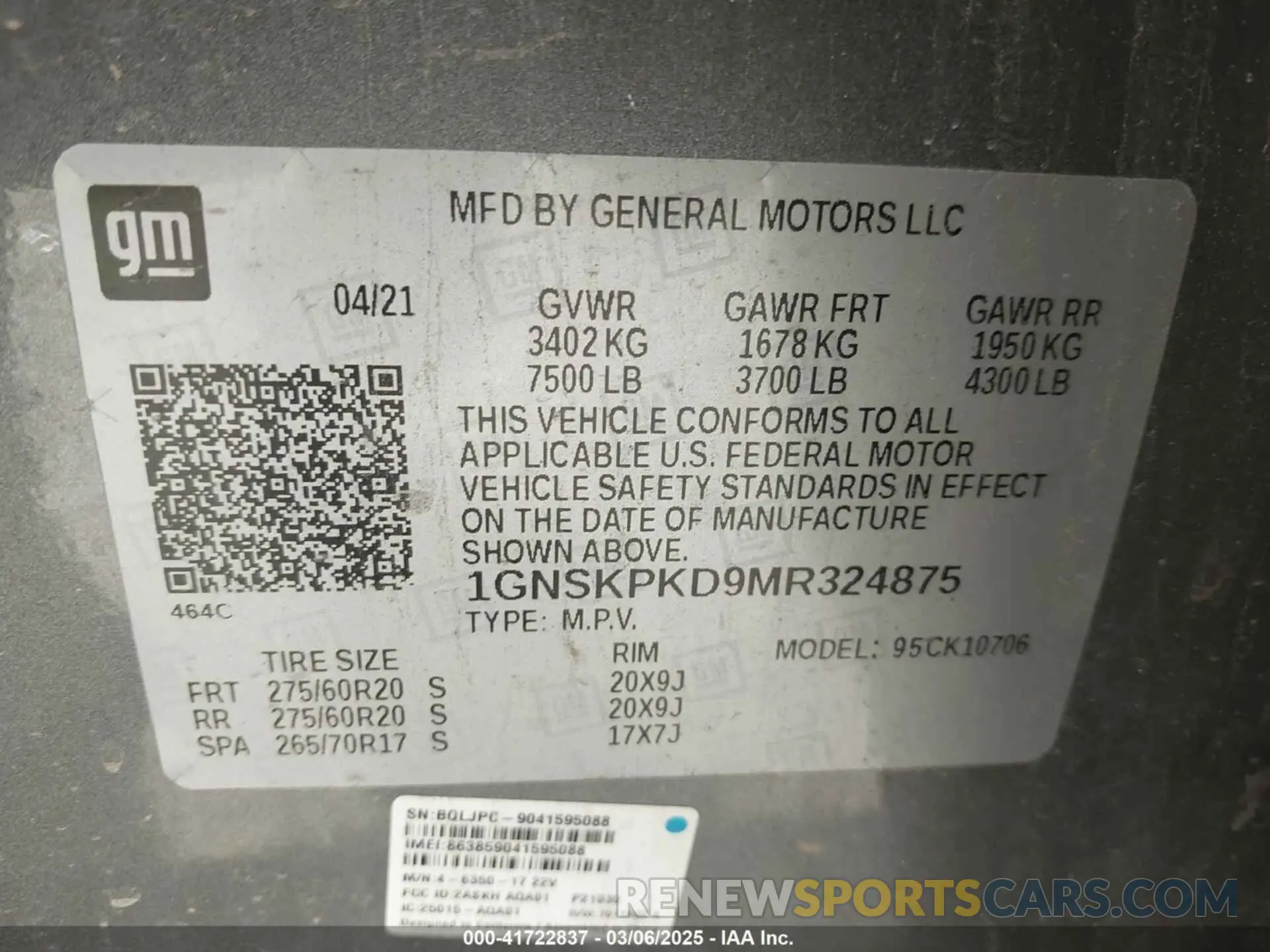 9 fotografías del automóvil dañado 1GNSKPKD9MR324875 CHEVROLET TAHOE 2021