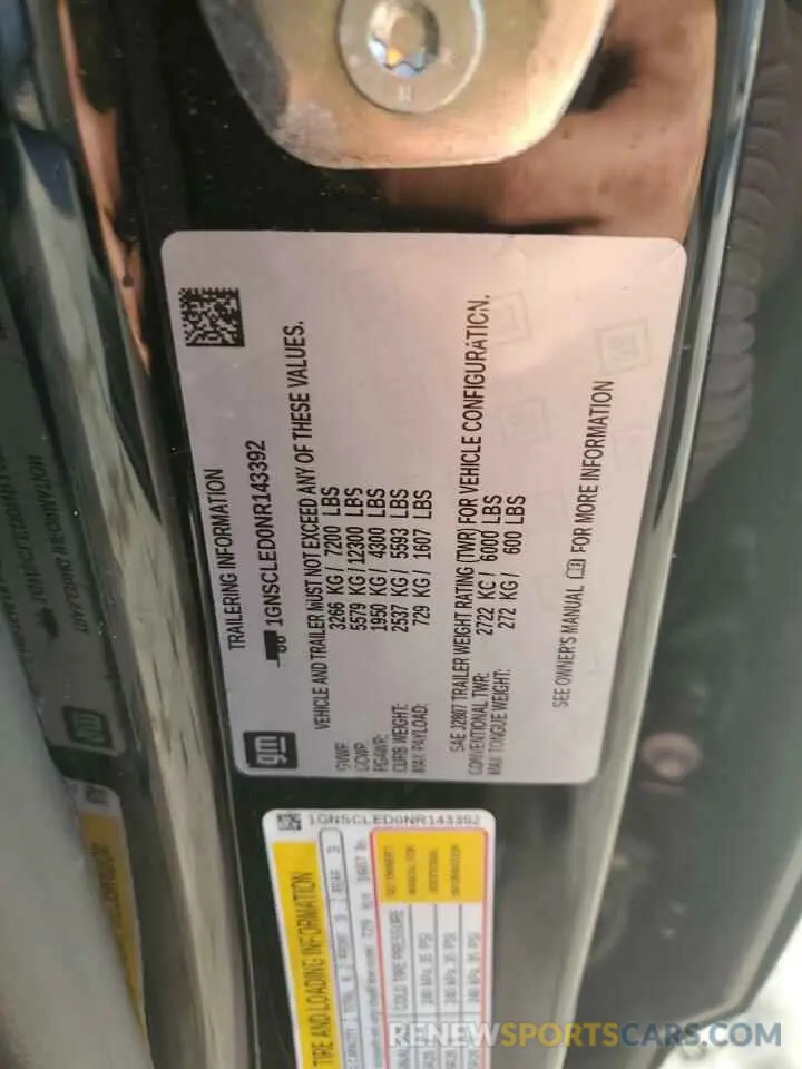 12 fotografías del automóvil dañado 1GNSCLED0NR143392 CHEVROLET TAHOE 2022
