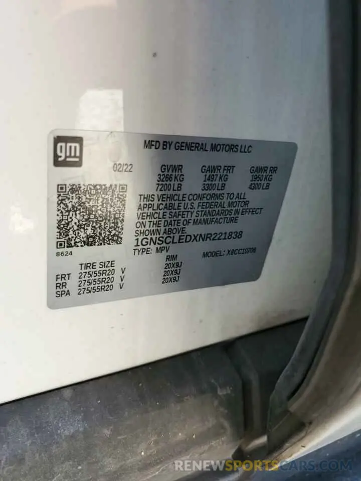 12 fotografías del automóvil dañado 1GNSCLEDXNR221838 CHEVROLET TAHOE 2022