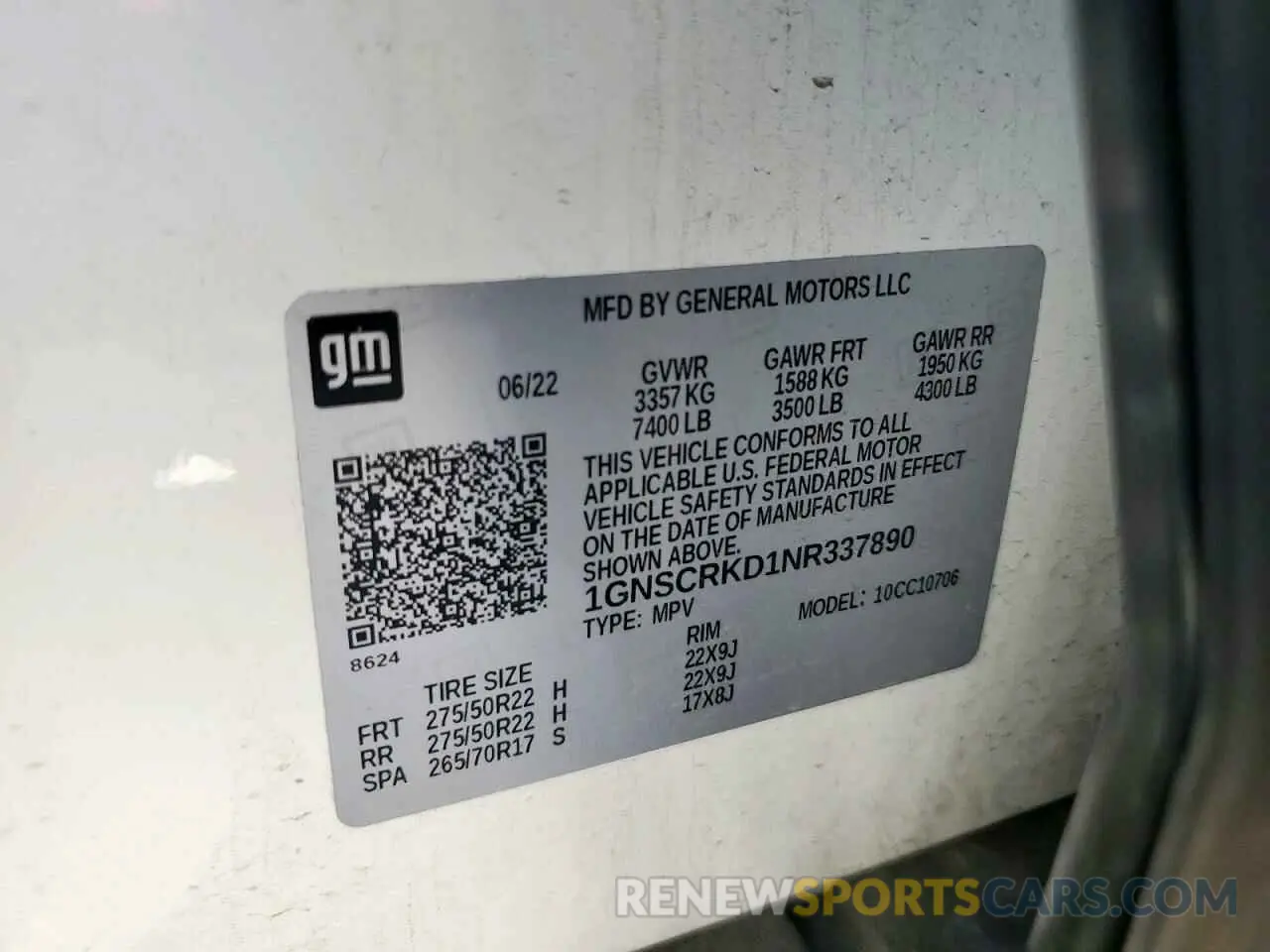 14 fotografías del automóvil dañado 1GNSCRKD1NR337890 CHEVROLET TAHOE 2022