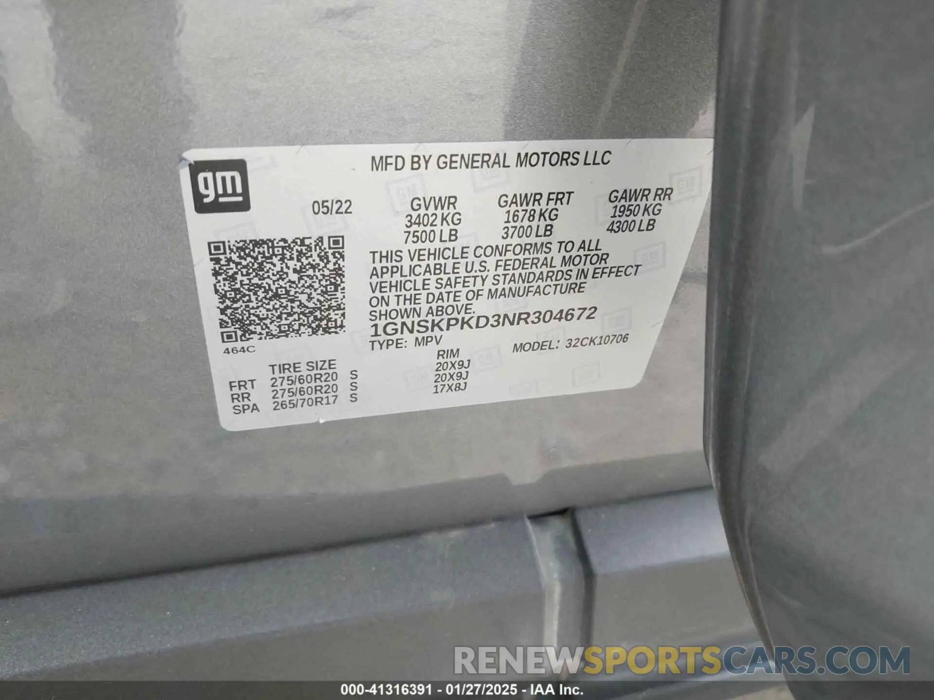 9 fotografías del automóvil dañado 1GNSKPKD3NR304672 CHEVROLET TAHOE 2022