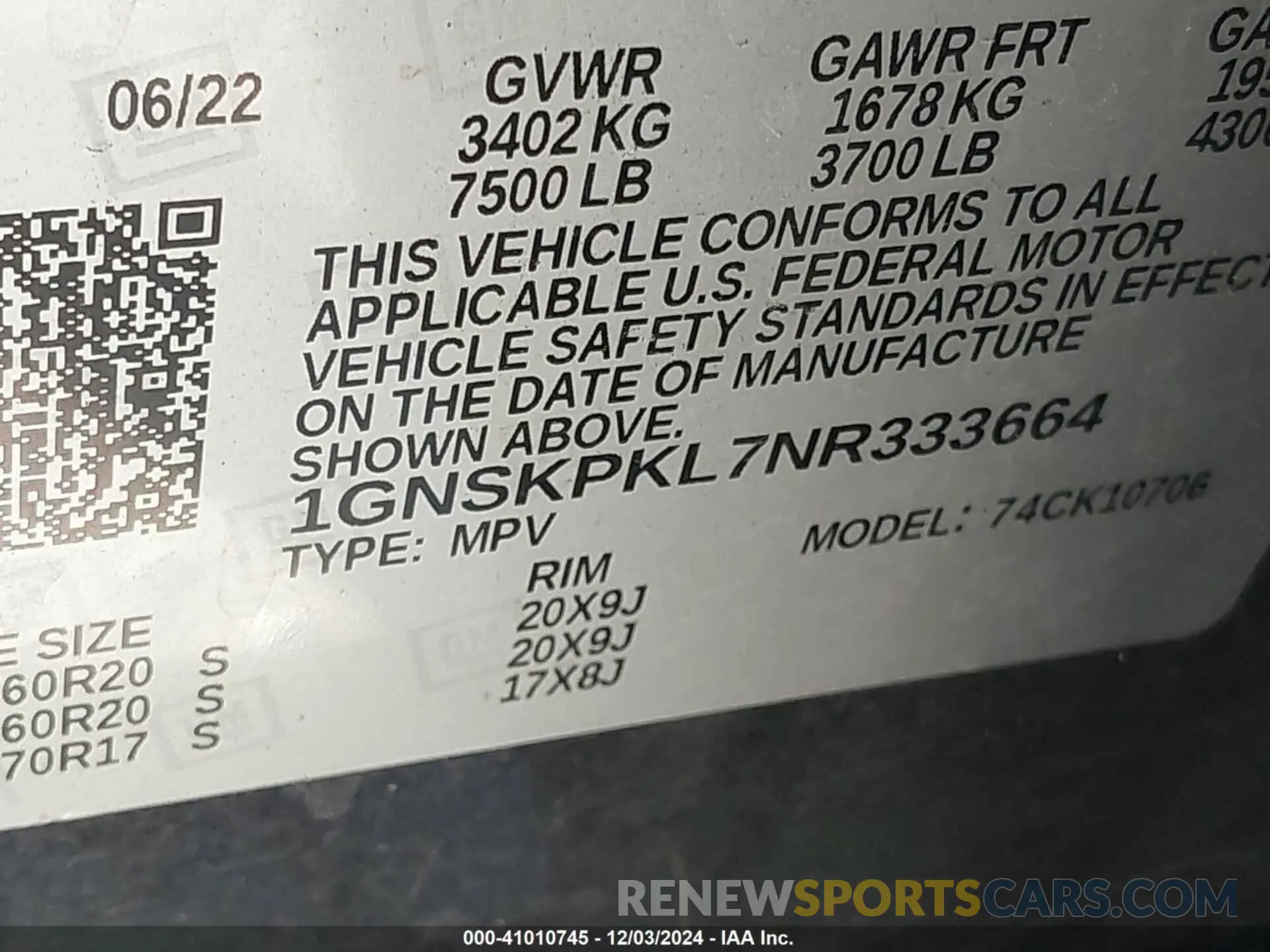 9 fotografías del automóvil dañado 1GNSKPKL7NR333664 CHEVROLET TAHOE 2022