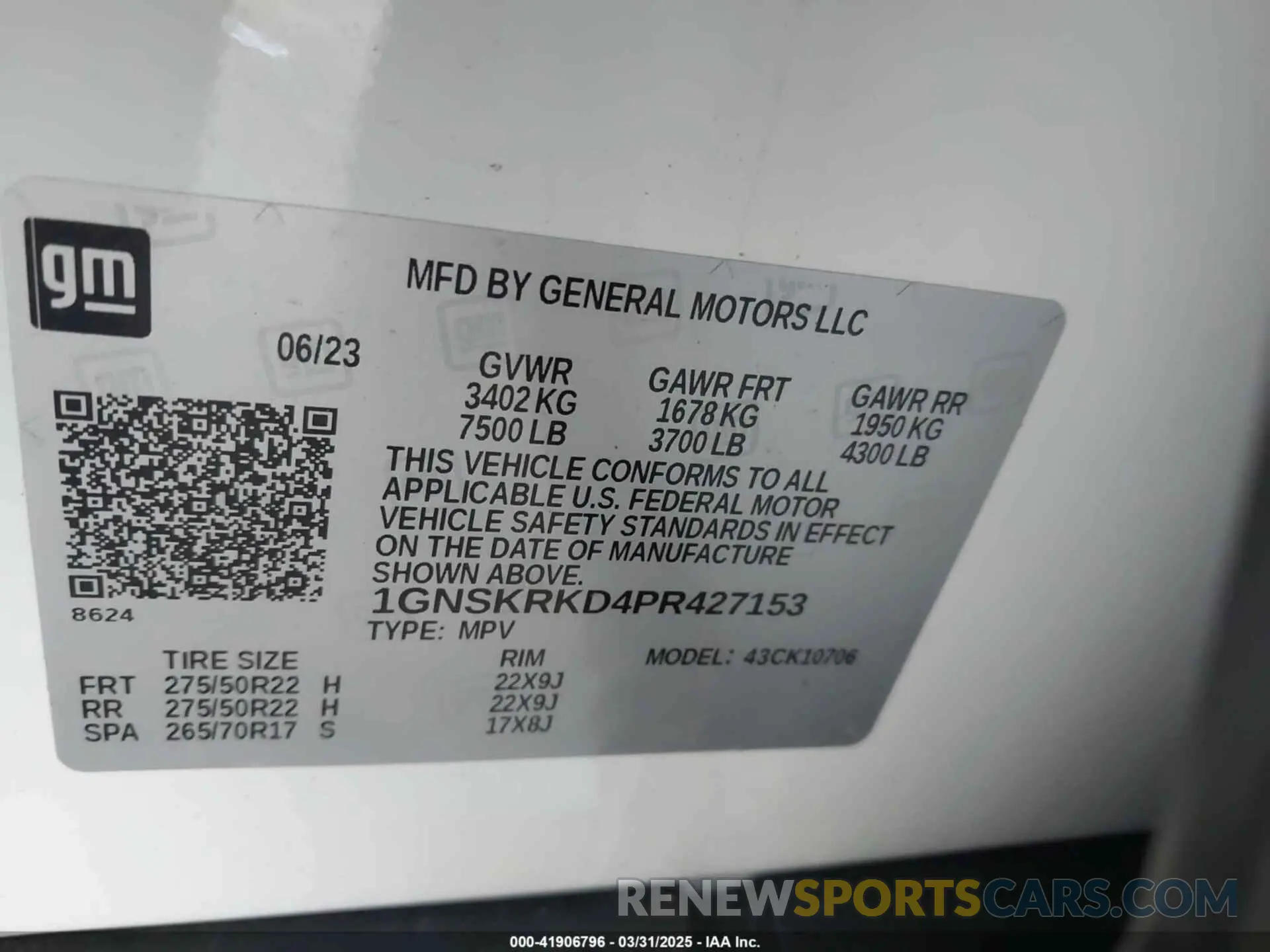 9 fotografías del automóvil dañado 1GNSKRKD4PR427153 CHEVROLET TAHOE 2023