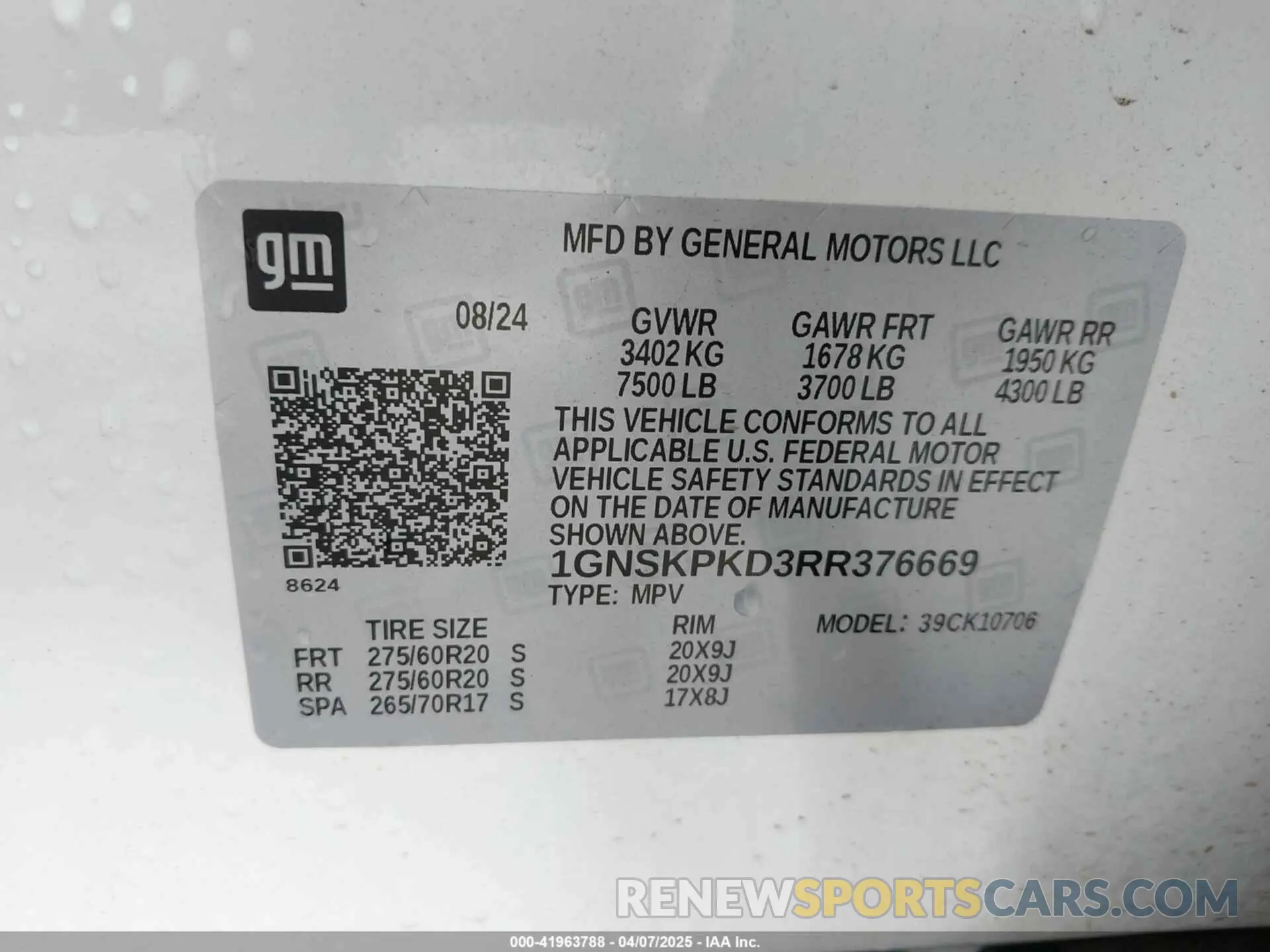 9 fotografías del automóvil dañado 1GNSKPKD3RR376669 CHEVROLET TAHOE 2024