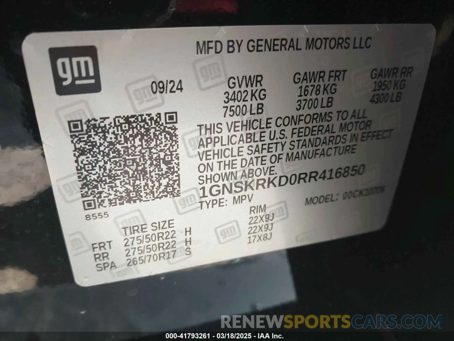 9 fotografías del automóvil dañado 1GNSKRKD0RR416850 CHEVROLET TAHOE 2024