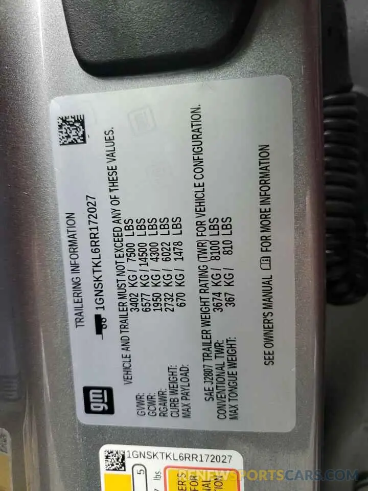 13 fotografías del automóvil dañado 1GNSKTKL6RR172027 CHEVROLET TAHOE 2024