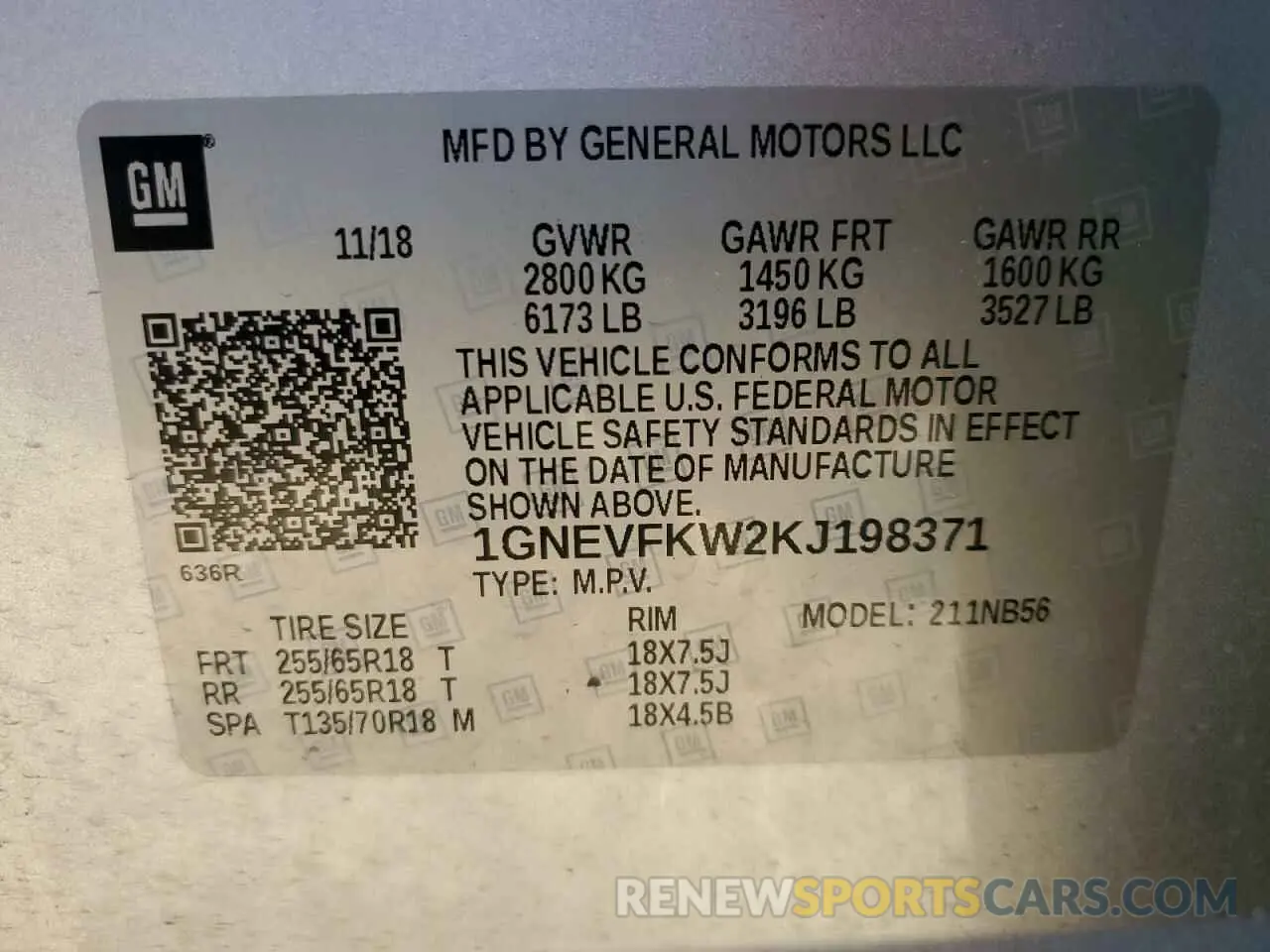 14 fotografías del automóvil dañado 1GNEVFKW2KJ198371 CHEVROLET TRAVERSE 2019