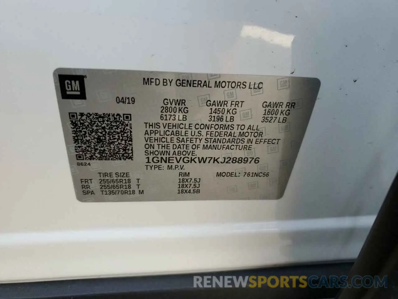 14 fotografías del automóvil dañado 1GNEVGKW7KJ288976 CHEVROLET TRAVERSE 2019