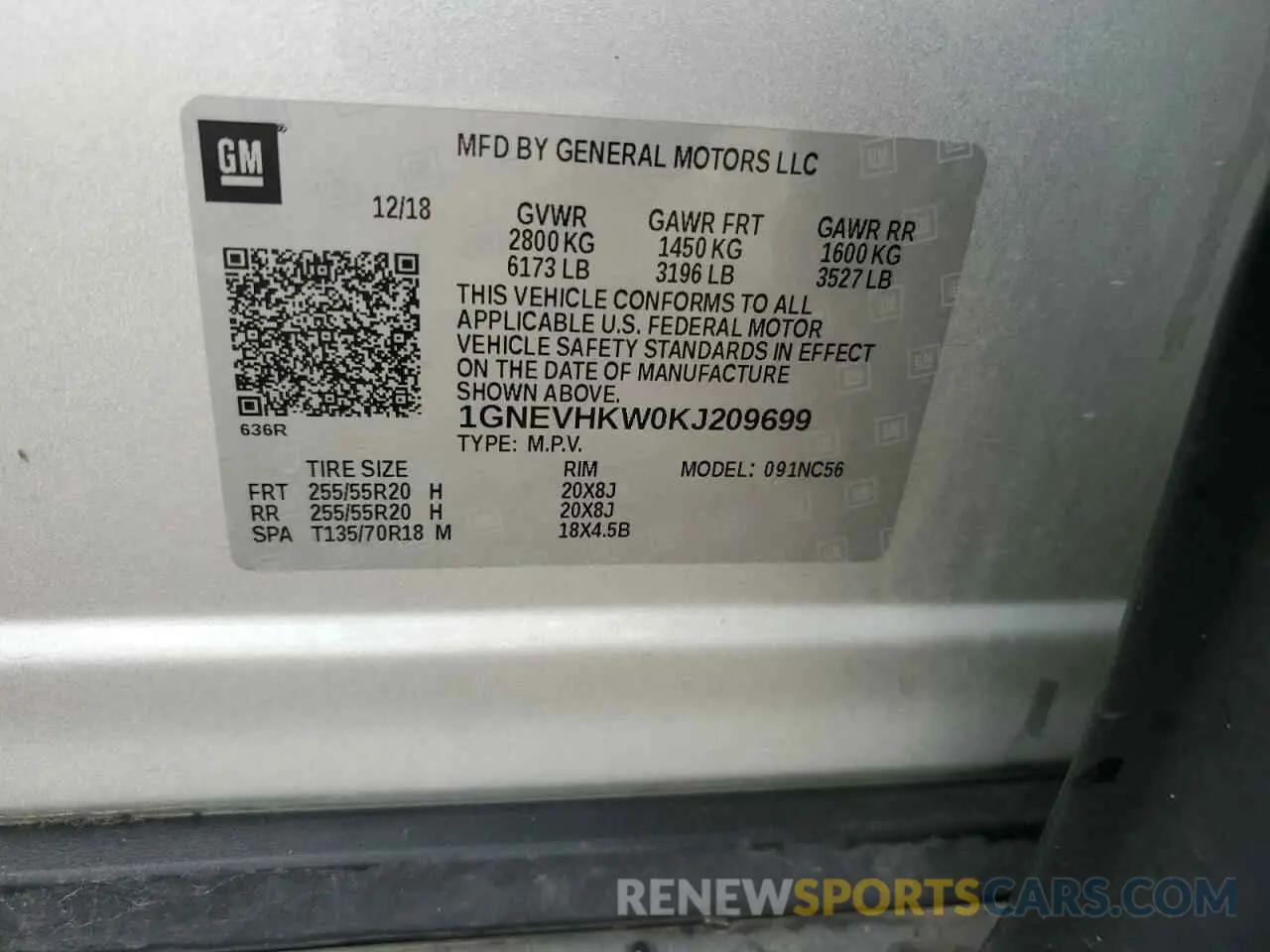 14 fotografías del automóvil dañado 1GNEVHKW0KJ209699 CHEVROLET TRAVERSE 2019
