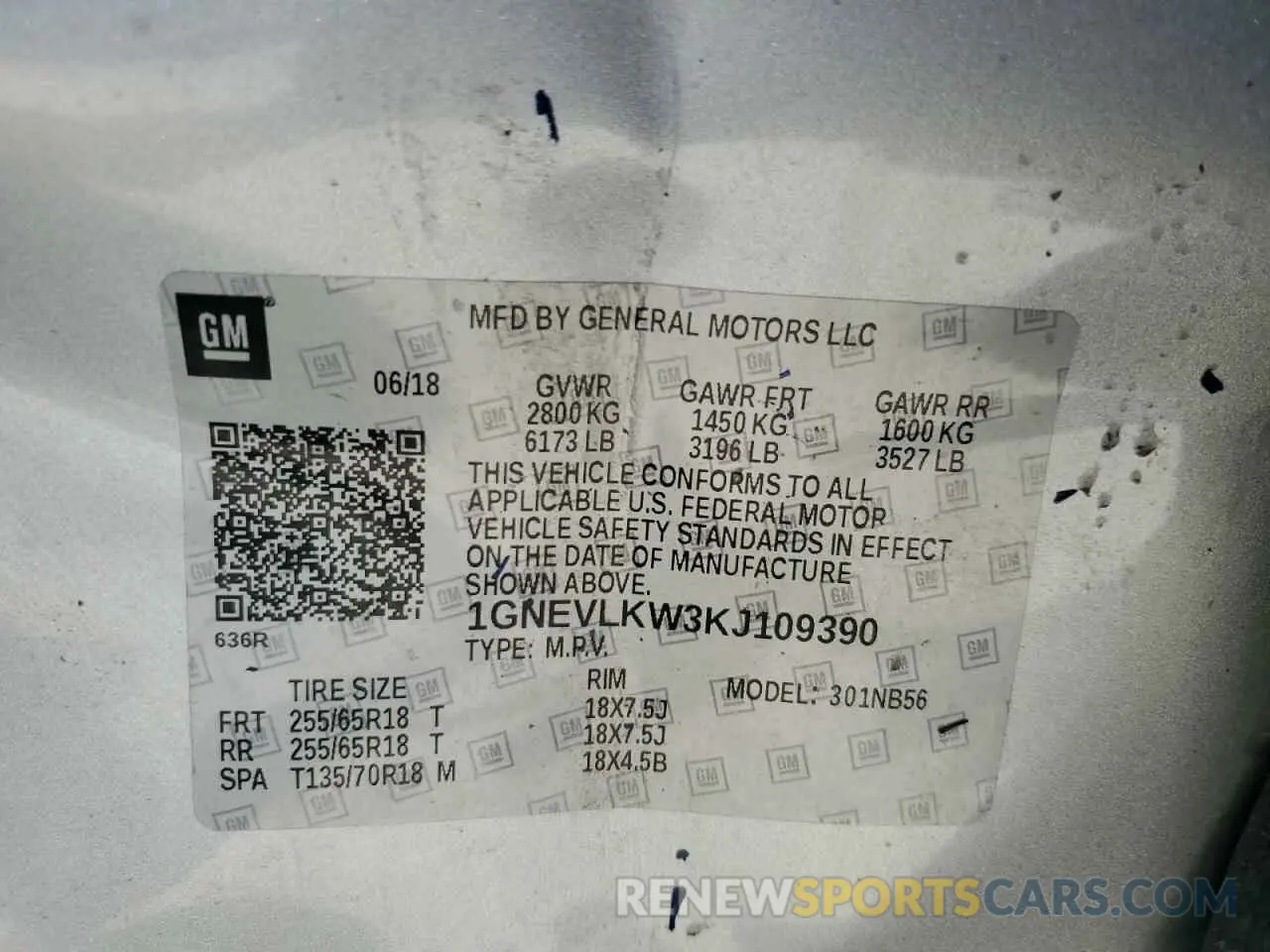 13 fotografías del automóvil dañado 1GNEVLKW3KJ109390 CHEVROLET TRAVERSE 2019
