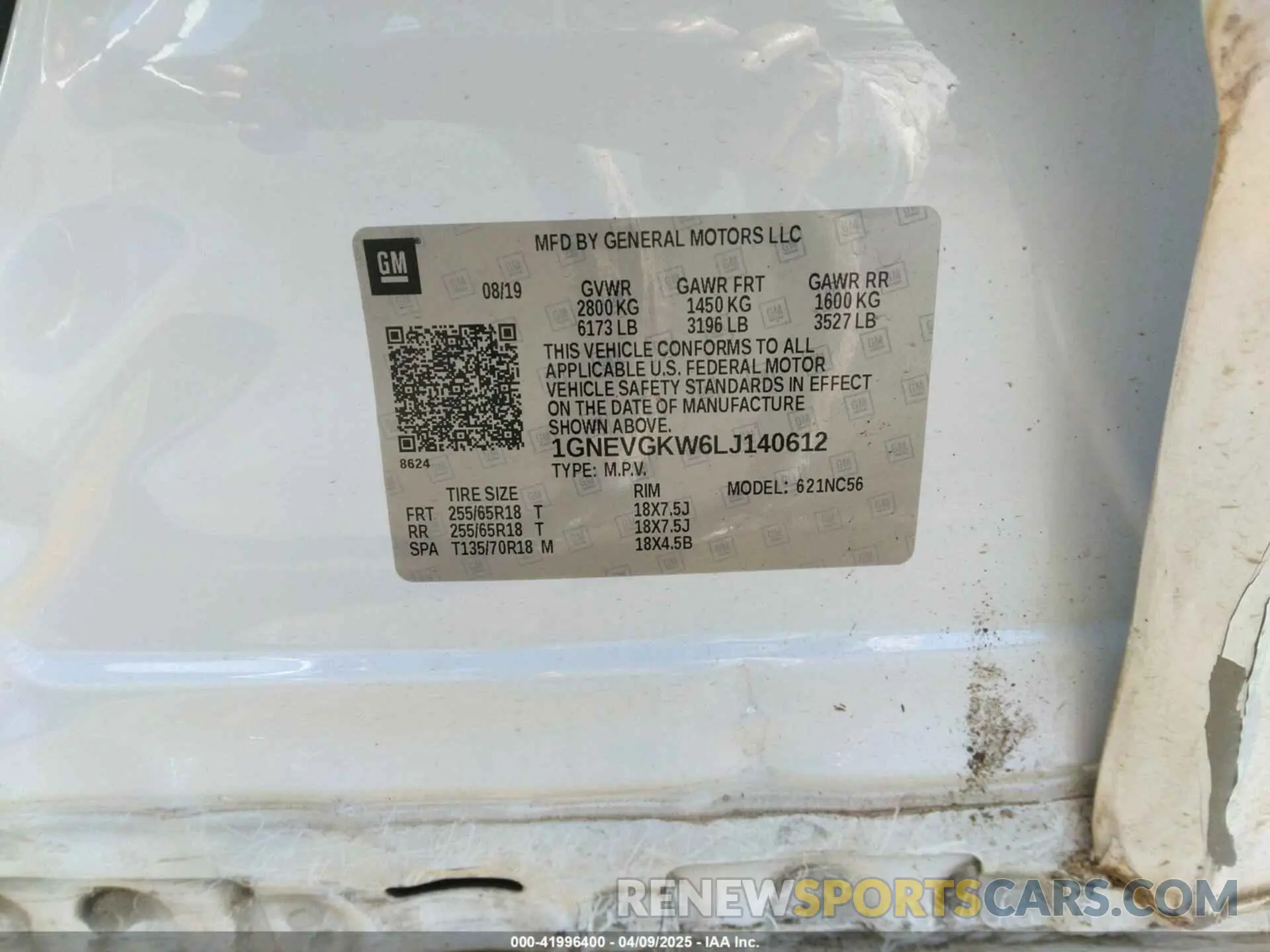 9 fotografías del automóvil dañado 1GNEVGKW6LJ140612 CHEVROLET TRAVERSE 2020