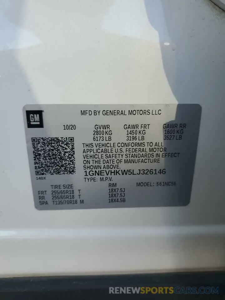 13 fotografías del automóvil dañado 1GNEVHKW5LJ326146 CHEVROLET TRAVERSE 2020