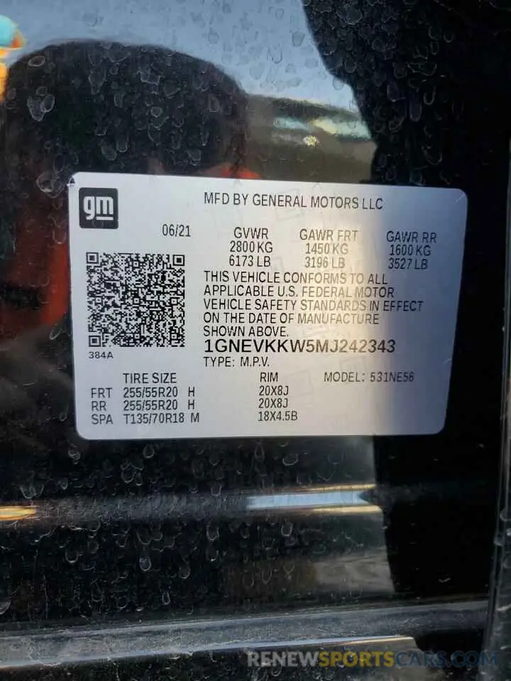 13 fotografías del automóvil dañado 1GNEVKKW5MJ242343 CHEVROLET TRAVERSE 2021