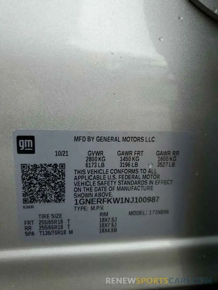 13 fotografías del automóvil dañado 1GNERFKW1NJ100987 CHEVROLET TRAVERSE 2022