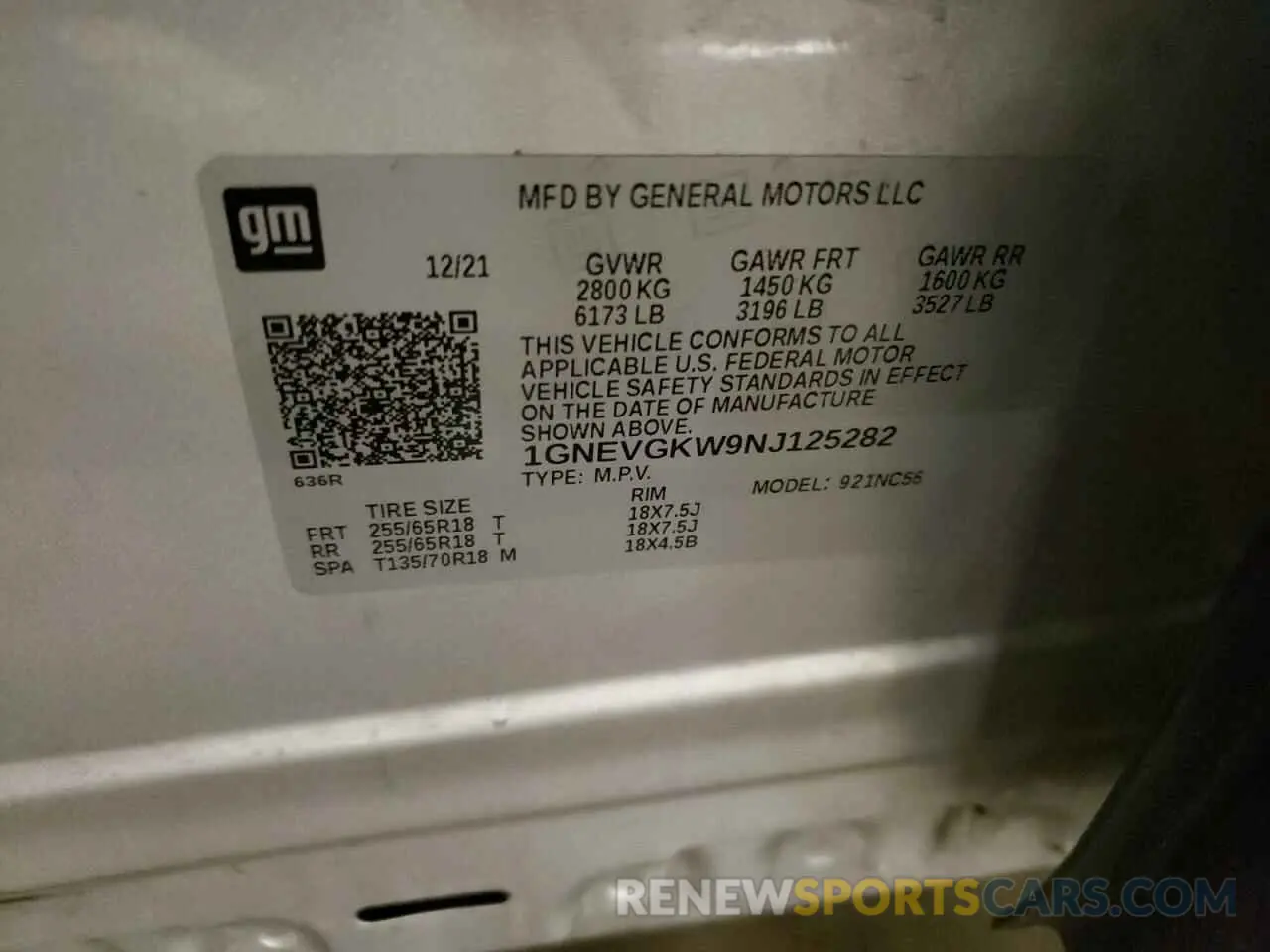 15 fotografías del automóvil dañado 1GNEVGKW9NJ125282 CHEVROLET TRAVERSE 2022