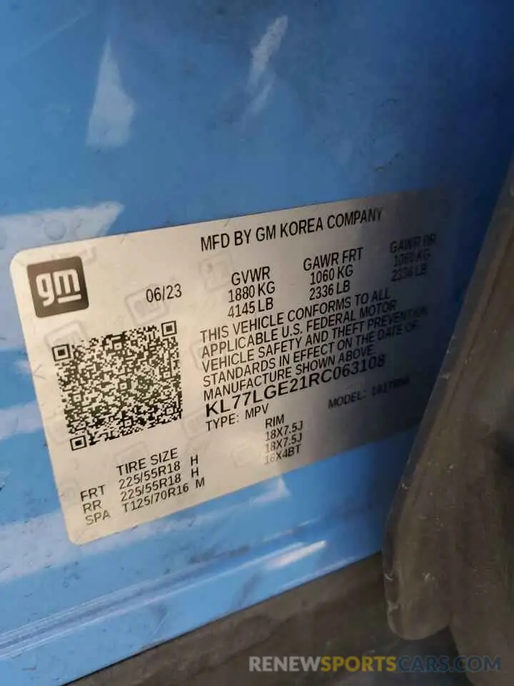 14 fotografías del automóvil dañado KL77LGE21RC063108 CHEVROLET TRAX 1RS 2024