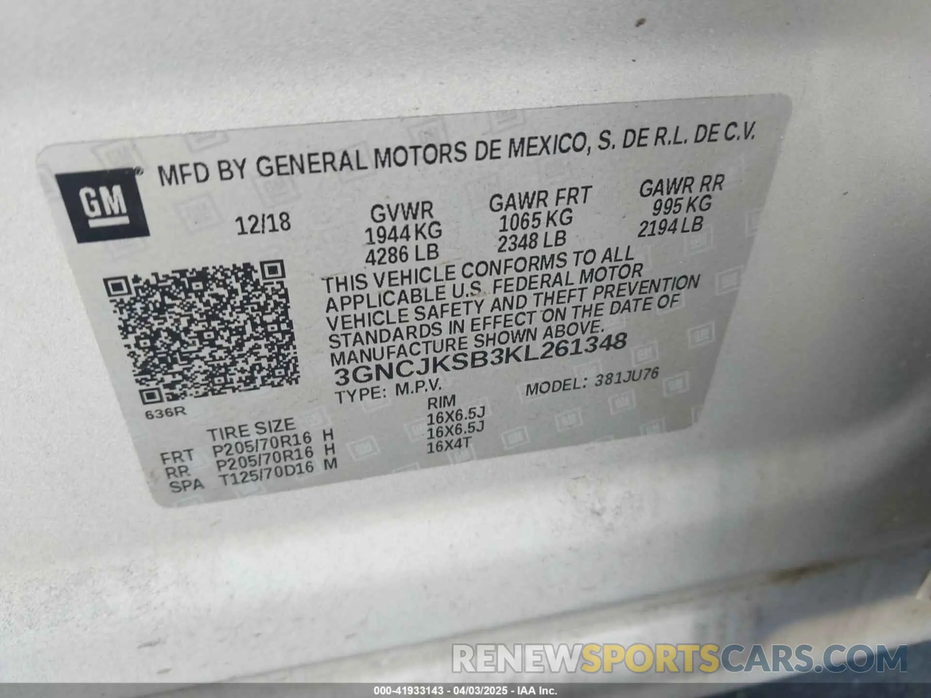 9 fotografías del automóvil dañado 3GNCJKSB3KL261348 CHEVROLET TRAX 2019