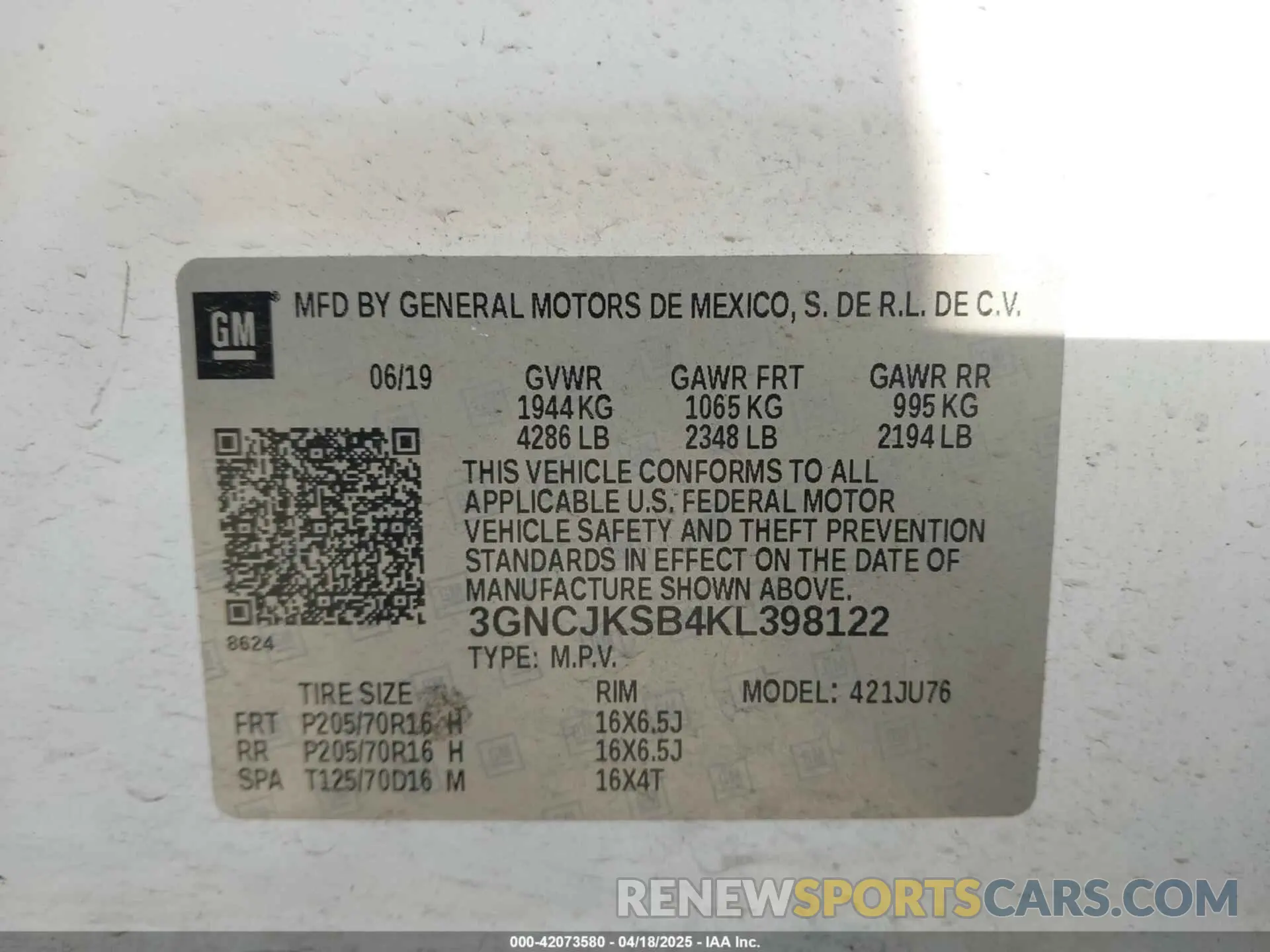9 fotografías del automóvil dañado 3GNCJKSB4KL398122 CHEVROLET TRAX 2019