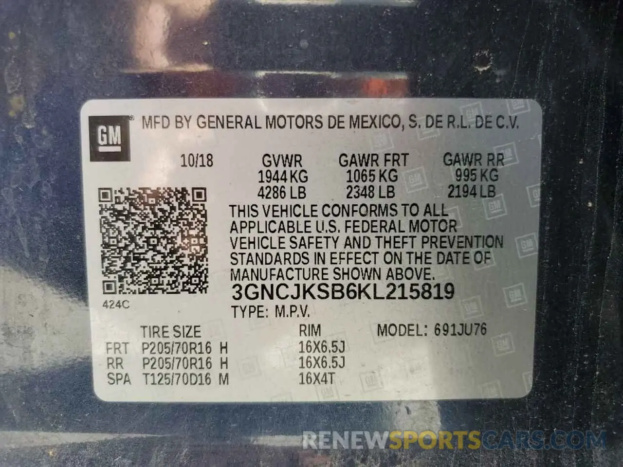 12 fotografías del automóvil dañado 3GNCJKSB6KL215819 CHEVROLET TRAX 2019