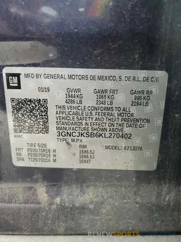 12 fotografías del automóvil dañado 3GNCJKSB6KL270402 CHEVROLET TRAX 2019