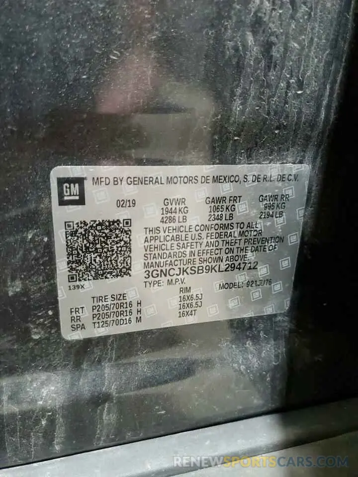 14 fotografías del automóvil dañado 3GNCJKSB9KL294712 CHEVROLET TRAX 2019