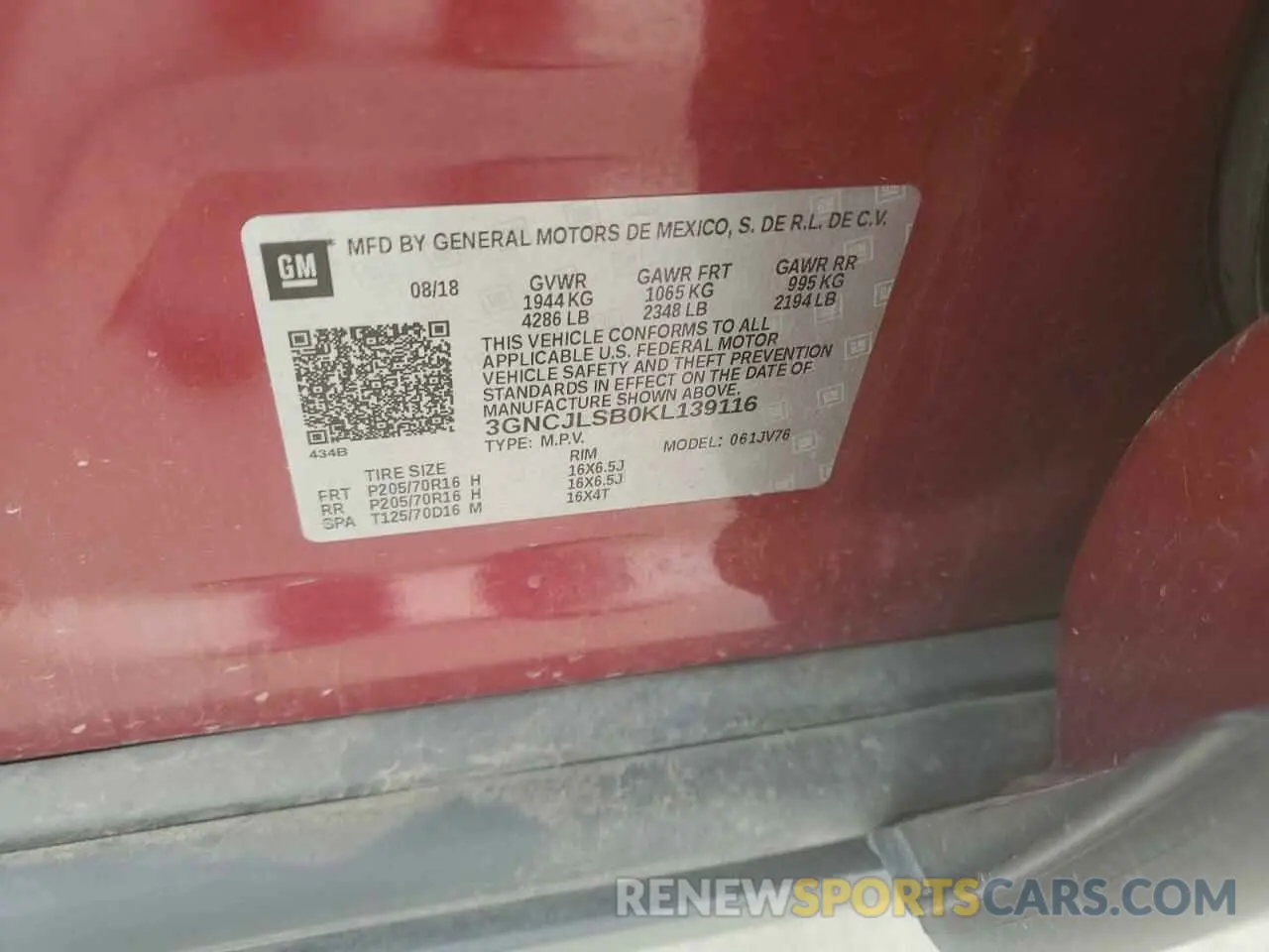 13 fotografías del automóvil dañado 3GNCJLSB0KL139116 CHEVROLET TRAX 2019