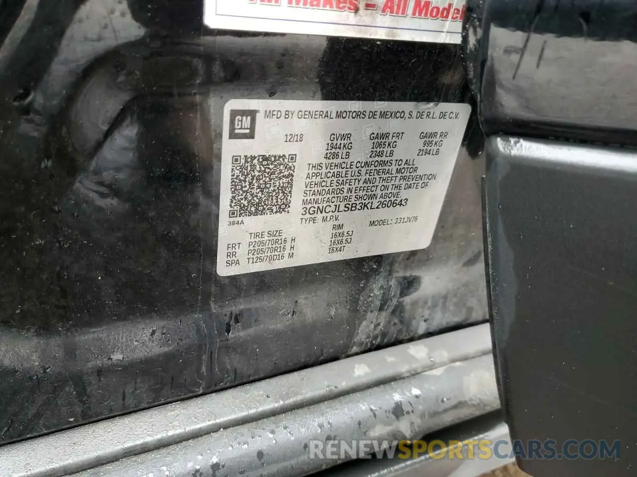 13 fotografías del automóvil dañado 3GNCJLSB3KL260643 CHEVROLET TRAX 2019