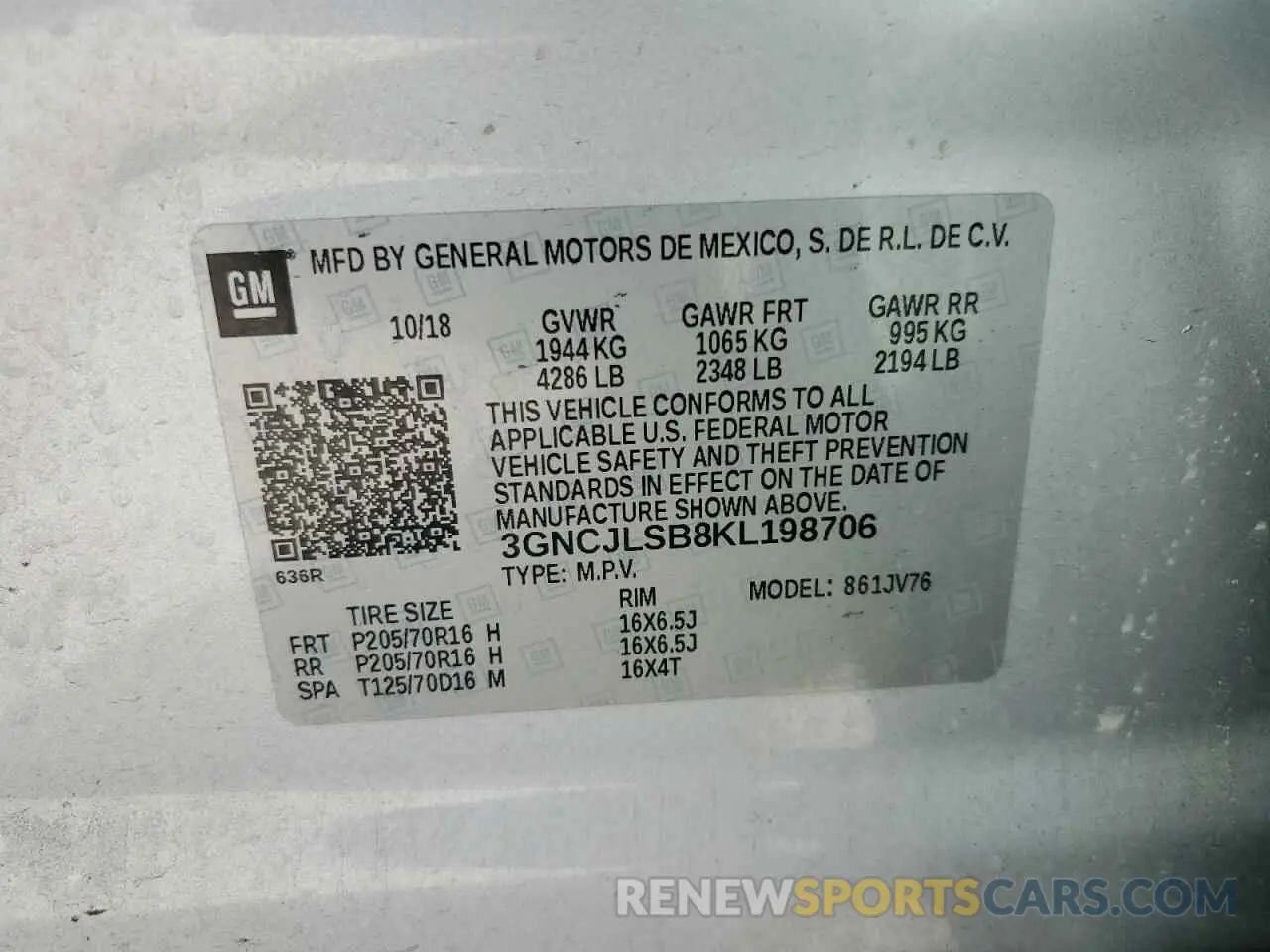 13 fotografías del automóvil dañado 3GNCJLSB8KL198706 CHEVROLET TRAX 2019