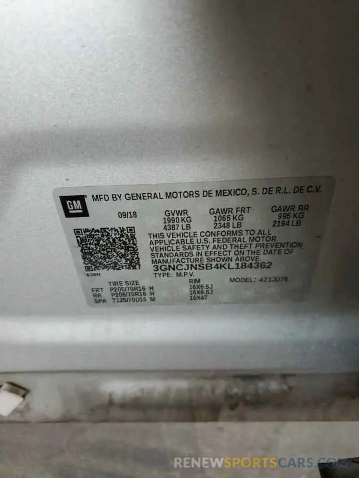 13 fotografías del automóvil dañado 3GNCJNSB4KL184362 CHEVROLET TRAX 2019