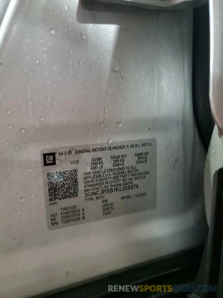 13 fotografías del automóvil dañado 3GNCJPSB7KL219374 CHEVROLET TRAX 2019
