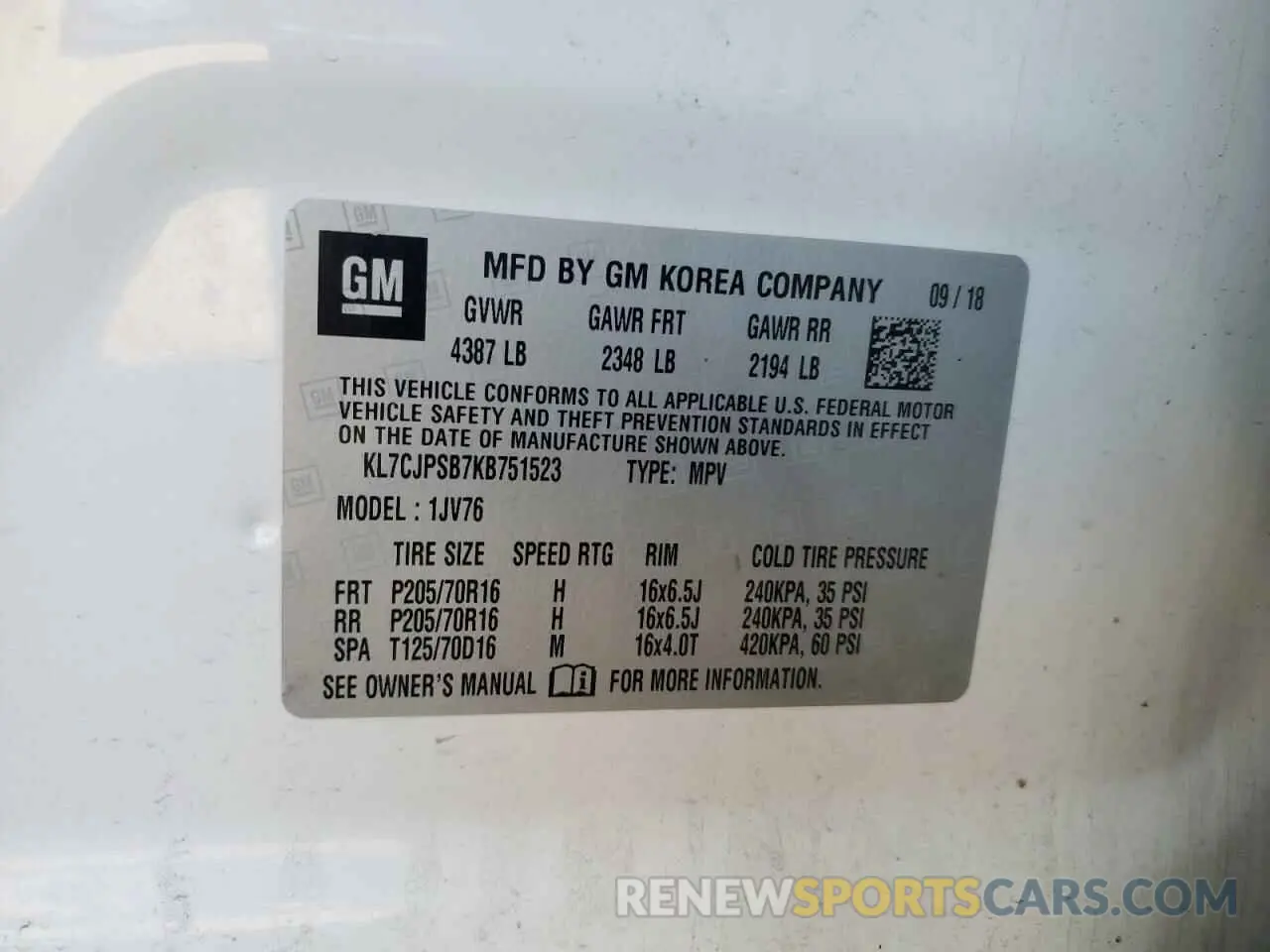 13 fotografías del automóvil dañado KL7CJPSB7KB751523 CHEVROLET TRAX 2019