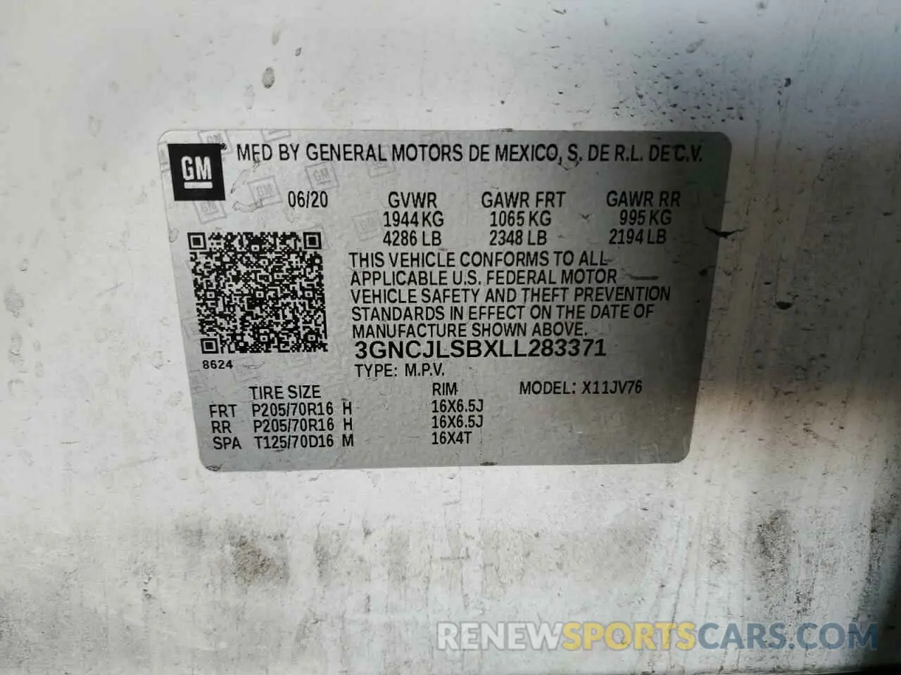 12 fotografías del automóvil dañado 3GNCJLSBXLL283371 CHEVROLET TRAX 2020