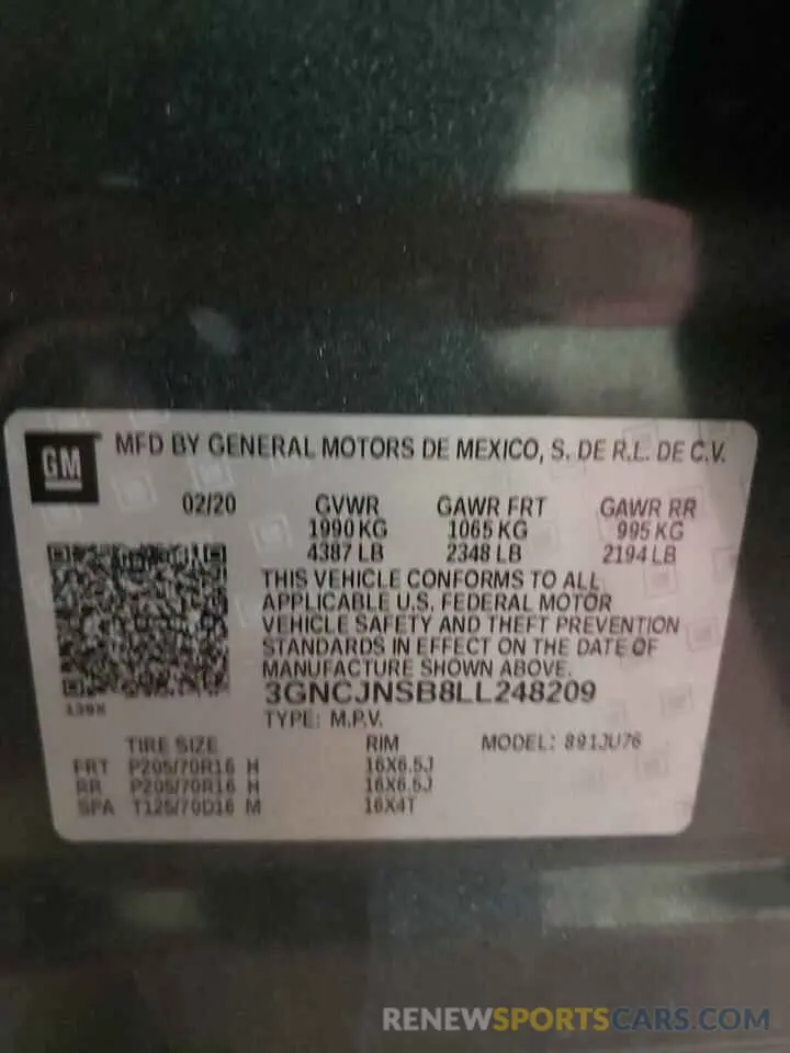 14 fotografías del automóvil dañado 3GNCJNSB8LL248209 CHEVROLET TRAX 2020