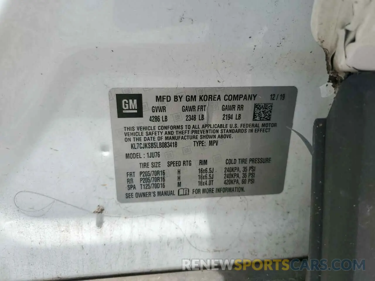 12 fotografías del automóvil dañado KL7CJKSB5LB083418 CHEVROLET TRAX 2020