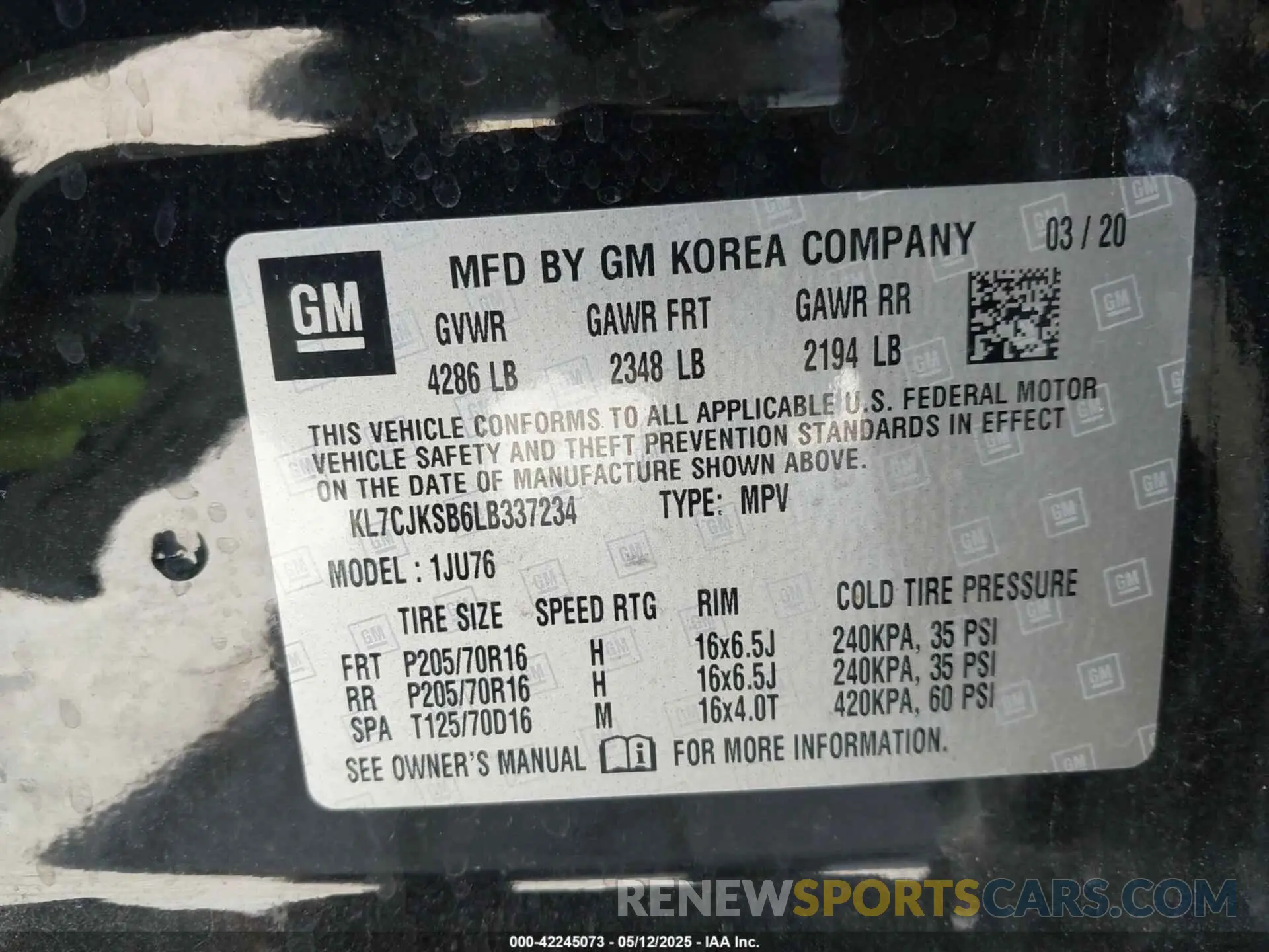 9 fotografías del automóvil dañado KL7CJKSB6LB337234 CHEVROLET TRAX 2020