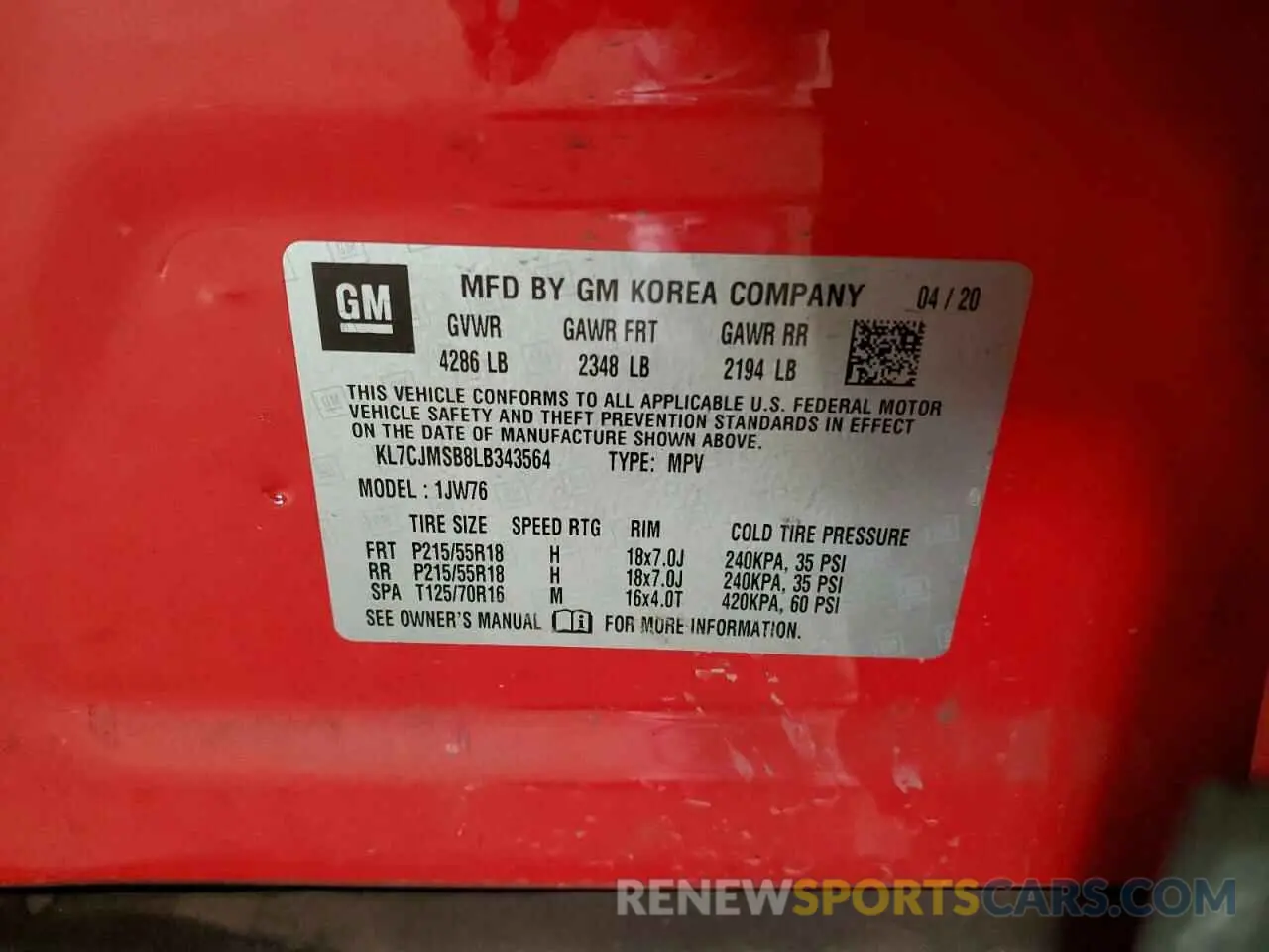 12 fotografías del automóvil dañado KL7CJMSB8LB343564 CHEVROLET TRAX 2020
