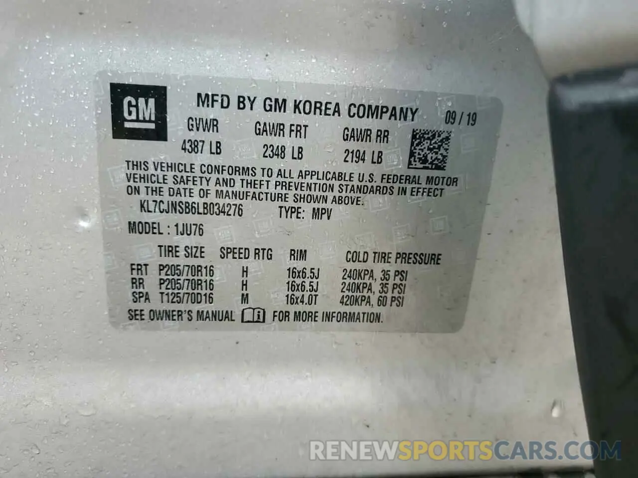12 fotografías del automóvil dañado KL7CJNSB6LB034276 CHEVROLET TRAX 2020