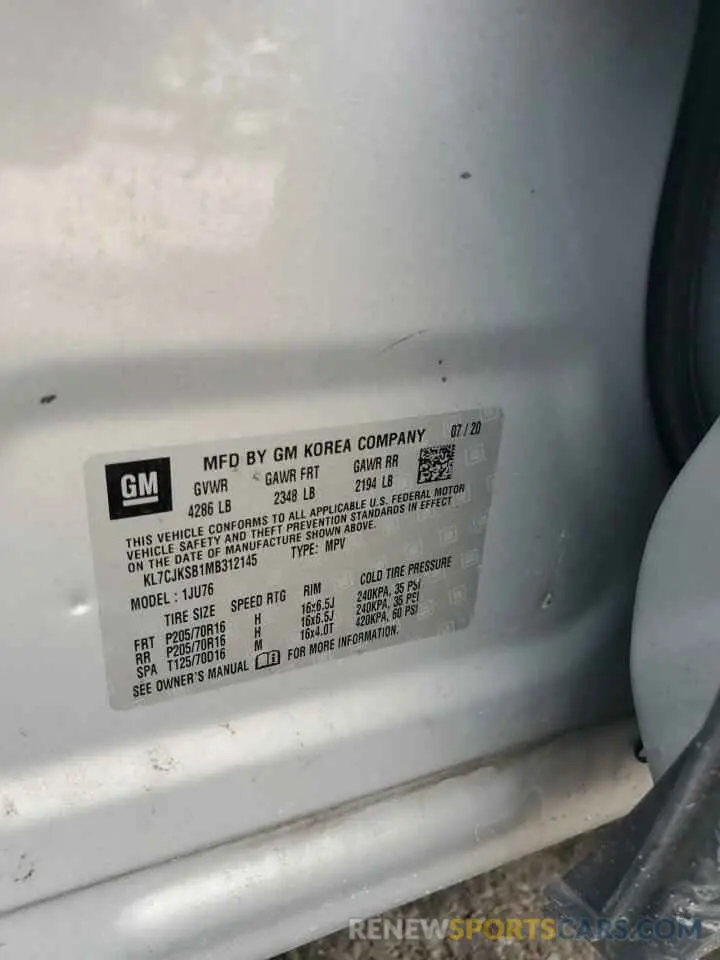 13 fotografías del automóvil dañado KL7CJKSB1MB312145 CHEVROLET TRAX 2021