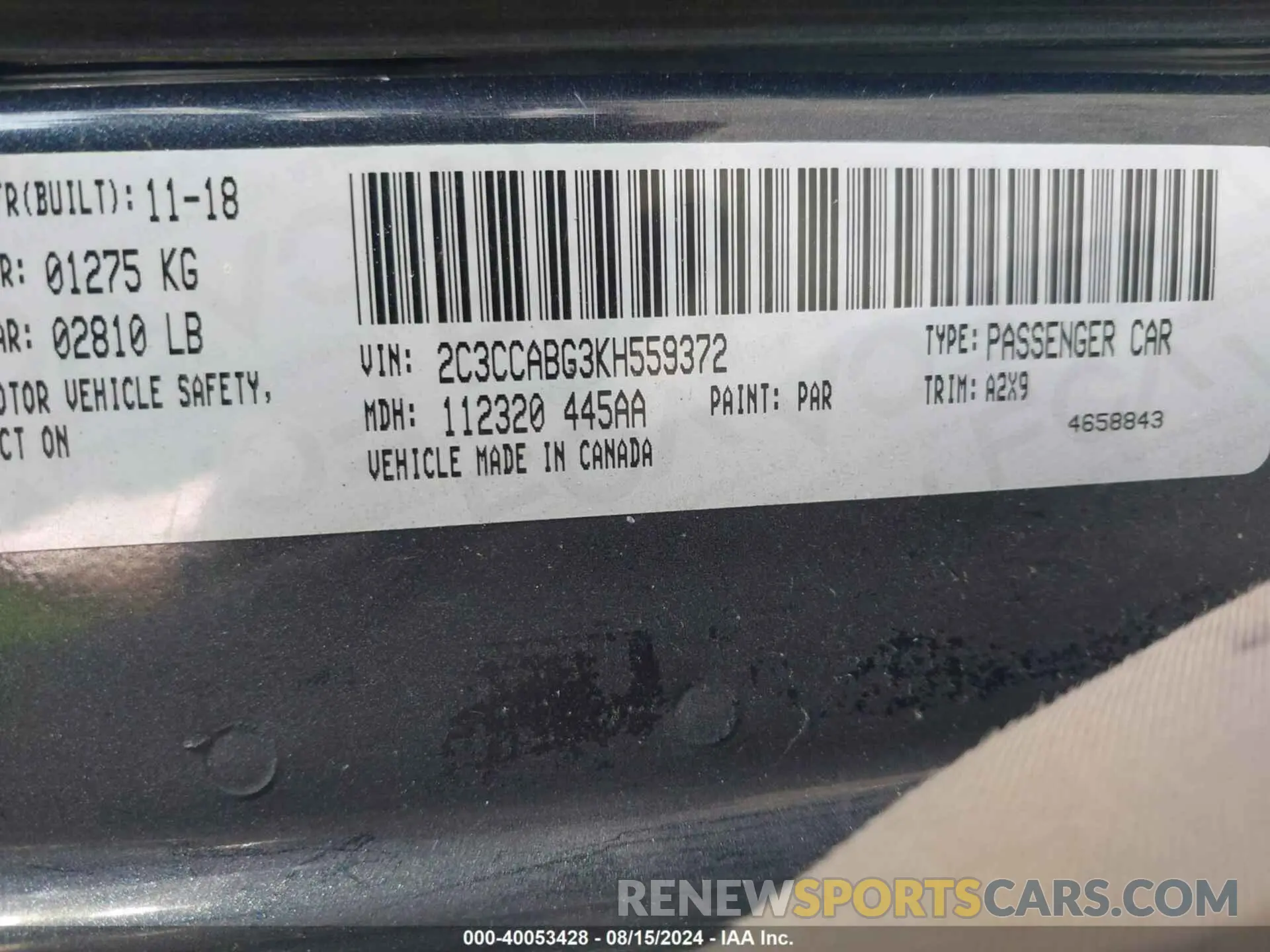 9 fotografías del automóvil dañado 2C3CCABG3KH559372 CHRYSLER 300 2019